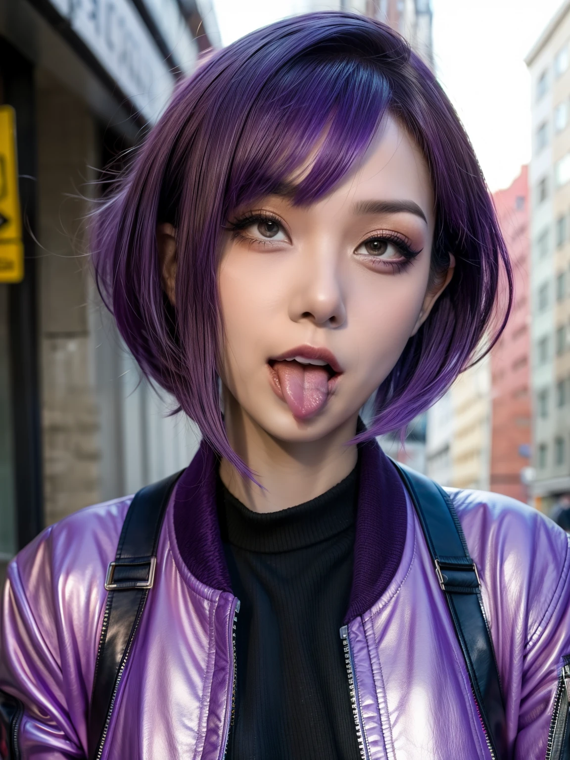 1girl, punk, street, purple hair, tongue, jacket