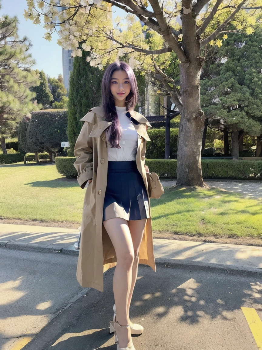(1 lady), (Best quality at best:1.4), (ultra - detailed), (extremely detailed CG unified 16k), A Beautiful Woman with Perfect Figure: 1.4, Sharp Focus: 1.2, very detailed, High-definition RAW color photo, professional photoshooting, amazing face and eyes, cosmetics, (amazingly beautiful girl), ((kotomi, dasha)), ((scho0l uniform, blue pleated skirt, hikarizaka shirt, veige coat)), standing, sexyposture,outside high scho0l, tree, nature, (look from down), realistic cinematic face, head to feet long wide zoomed out view, full body long view, photorealistic, ((realistic natural purple hair style, purple eyes)), gorgeous, extremely beautiful face, perfect model beauty, pout mouth, Highly Detailed Face and Skin Texture, Detailed Eyes, Double Eyelids, Medium Breasts, Smile, flirting smile, laughing hard, cleavages, western, (masterpiece), best quality, high resolution, extremely detailed, blurred background, depth of field, cinematic lighting, amazing legs, high heels, clear and well-cared skin, hdr