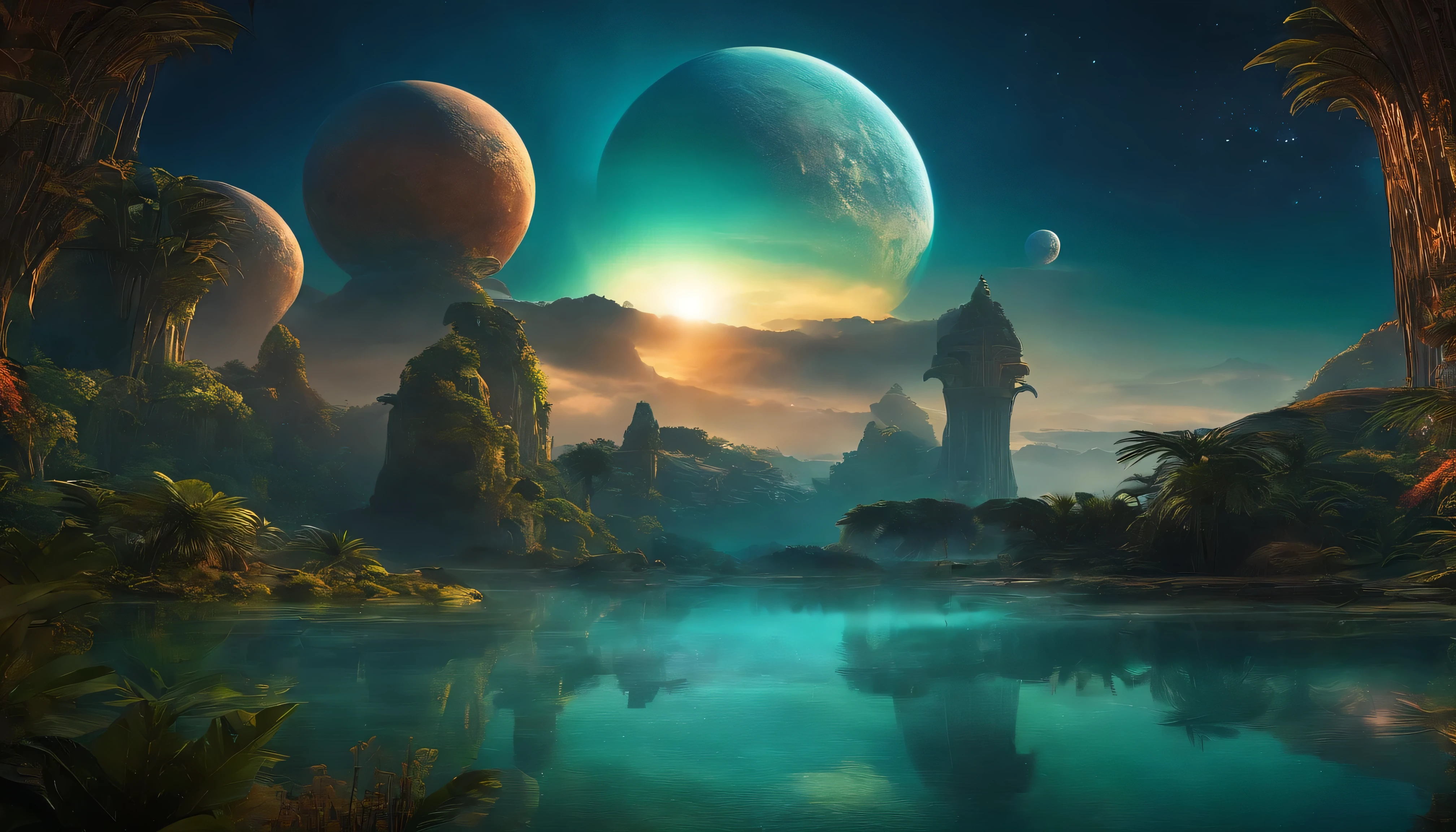 Create amazing photos, Future alien world, A dreamlike expanse of exotic plants and impressive landscapes, A place where peaceful alien creatures live in harmony with lush environments and ancient, technological structures.
