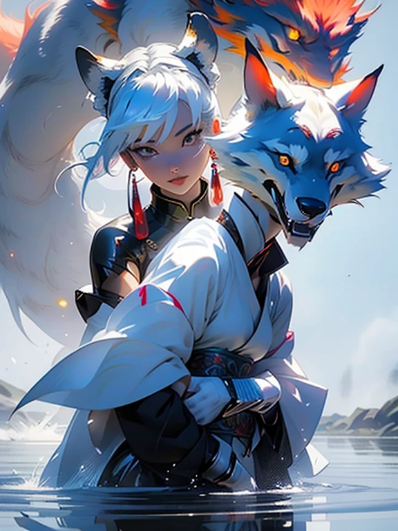 image of a nine-tailed fox and a Chinese classical woman, highlydetailed, reflections transparent iridescent colors, long transparent iridescent RGB hair, artby Serafleur from artstation, thick acrylic，made by jcv jquery, in surreal rendering style, futuristic glamour, wildlife photography, light beige and red, minimalist sculptor, celebrity image mashup, well lit scene lh --niji 5 --ar 3:4