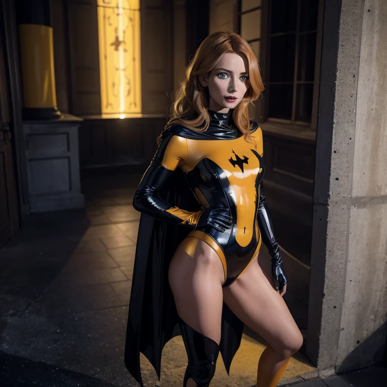 Annabelle Wallis, realistic, super model, super body,full body, s, orange hair, blue eyes, black latex costume , yellow leather cloak, yellow boots, yellow gloves , standing full body