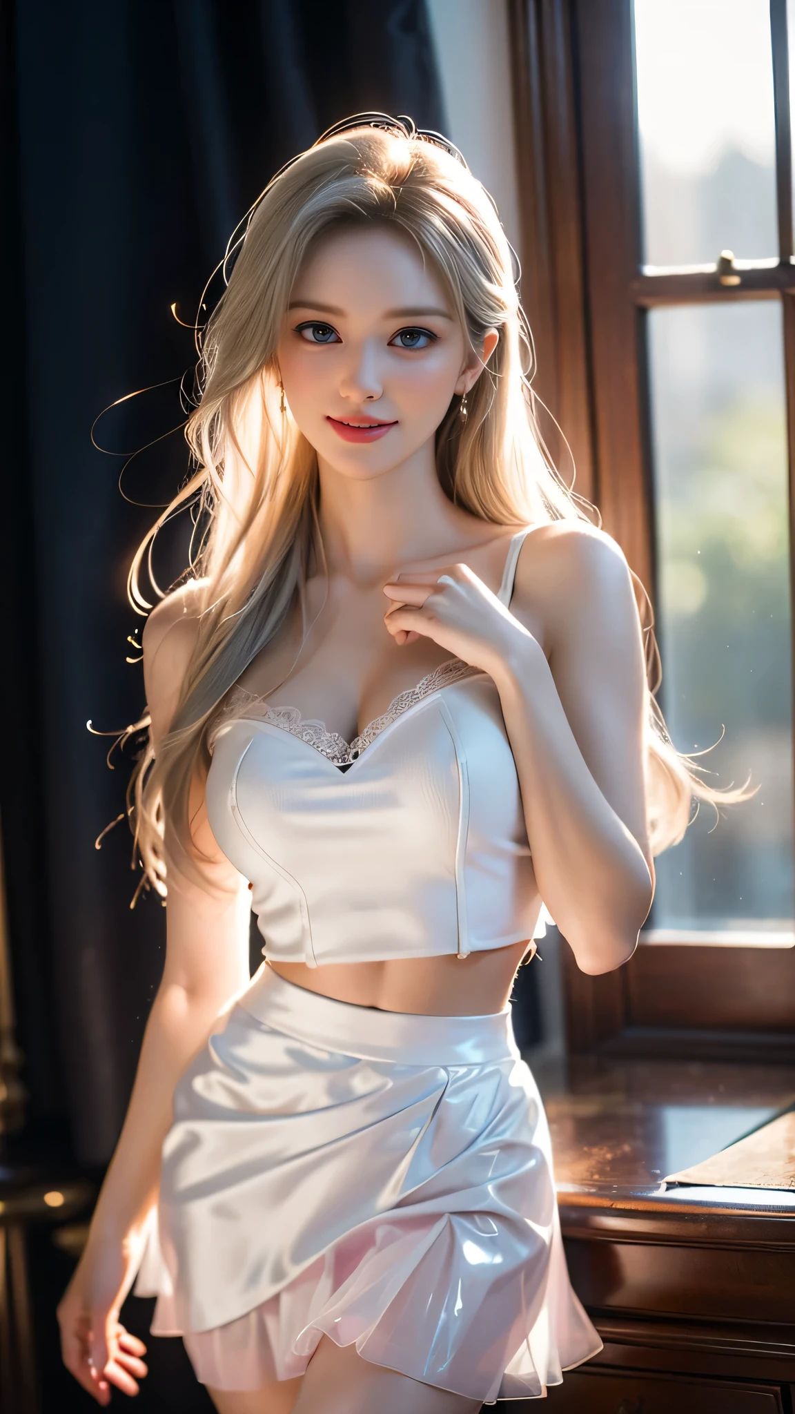 (best quality,ultra-detailed,photo-realistic:1.37),extremely beautiful eyes, Bright and Vibrant colors,studio lighting, playful expression, Extremely detailed eyes, stylish makeup,Beautiful Fashion Model Posing, floral pin up style uniform, ((translucent tight skirt)), Slim Figure, Medium , high fashioned, amazing cleavaer hair flowing in the wind,alluring eyes,glossy lips,sexy pose, smig in a confident and seductive way, posing for a professional photoshoot, shallow depth of field, highlighting the main subject, soft natural lighting, creating a dreamy and magical atmosphere.