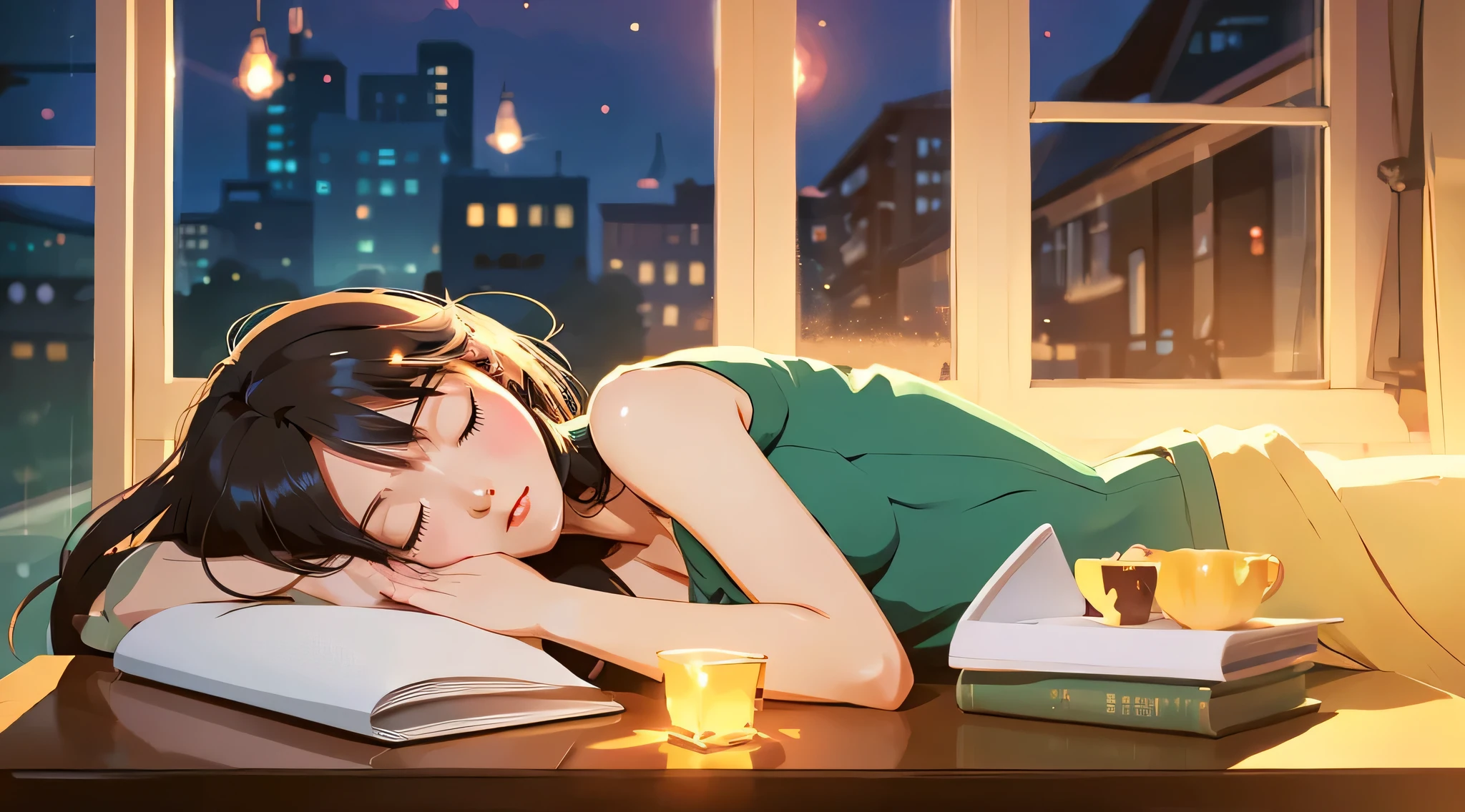 evening,Warm atmosphere,Window,A cute woman is sleeping face down on the table。Anime character style。In the style of illustrations。