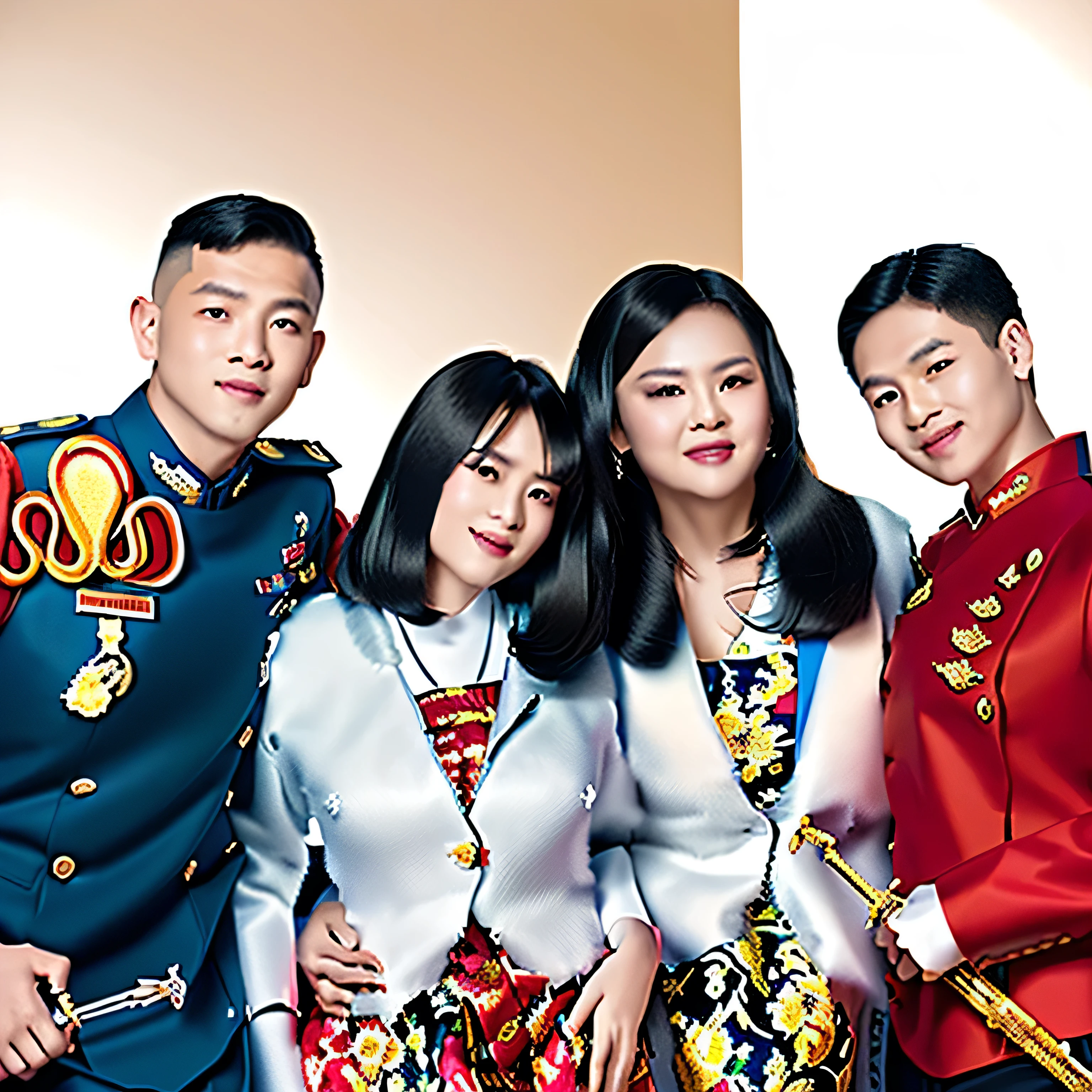 arafed photo of a group of people in uniform posing for a picture, barong family, profile photo, backdrop, an indonesian family portrait, family photo, photo shoot, profile image, barong family member, wearing red formal attire, profile pic, family portrait, profile picture, band, wearing red attire, happy family, official photos, family photography, photo session