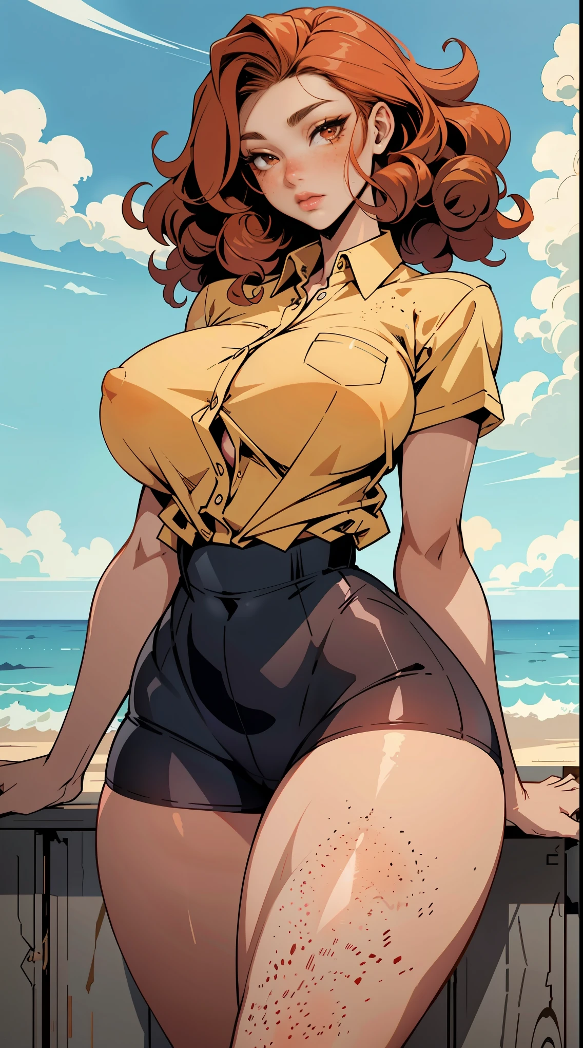 Huge breasts redhead curly hair freckles tan skin wearing tight shirt thick thighs in ci