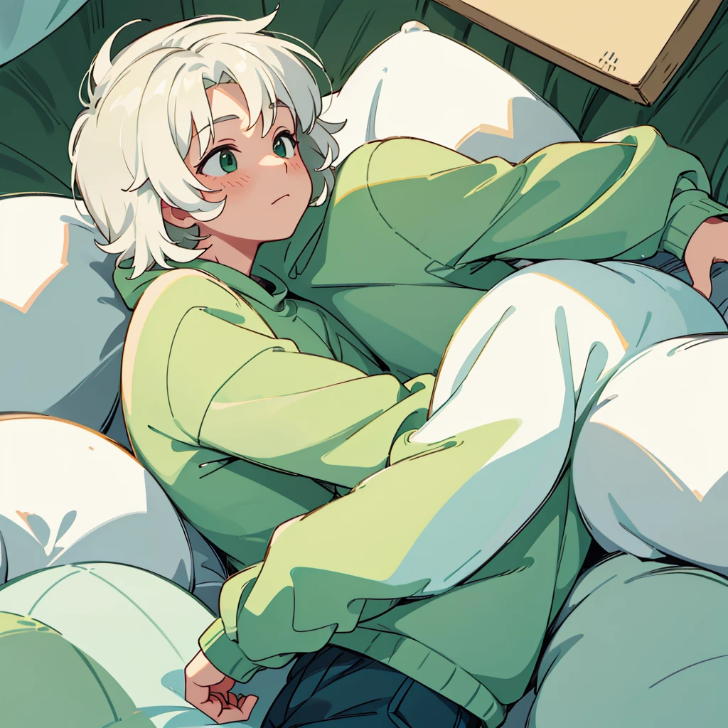 Soft boy with twenty years old,white shortcut hair,green sleepy eyes ,soft smile,sweatshirt