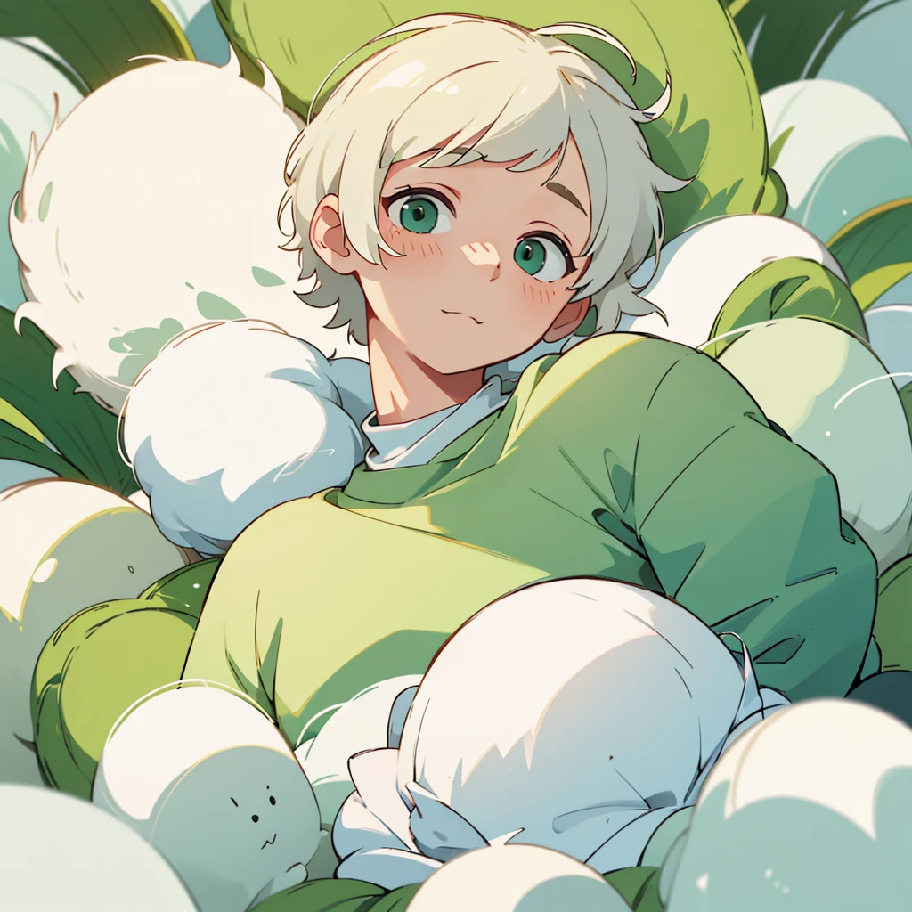 Soft boy with twenty years old,white shortcut hair,green sleepy eyes ,soft smile,sweatshirt