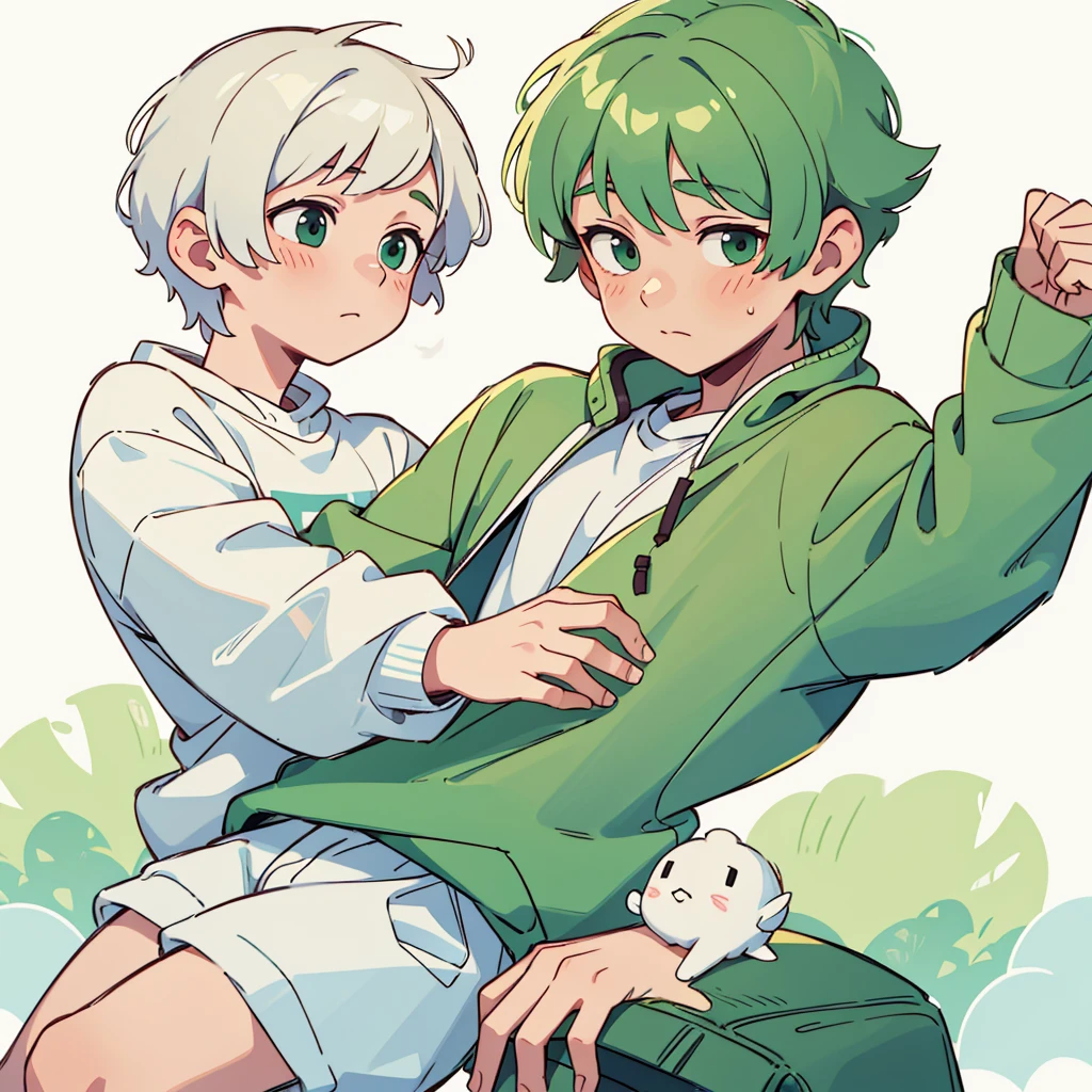 Soft boy with twenty years old,white shortcut hair,green sleepy eyes ,soft smile,sweatshirt