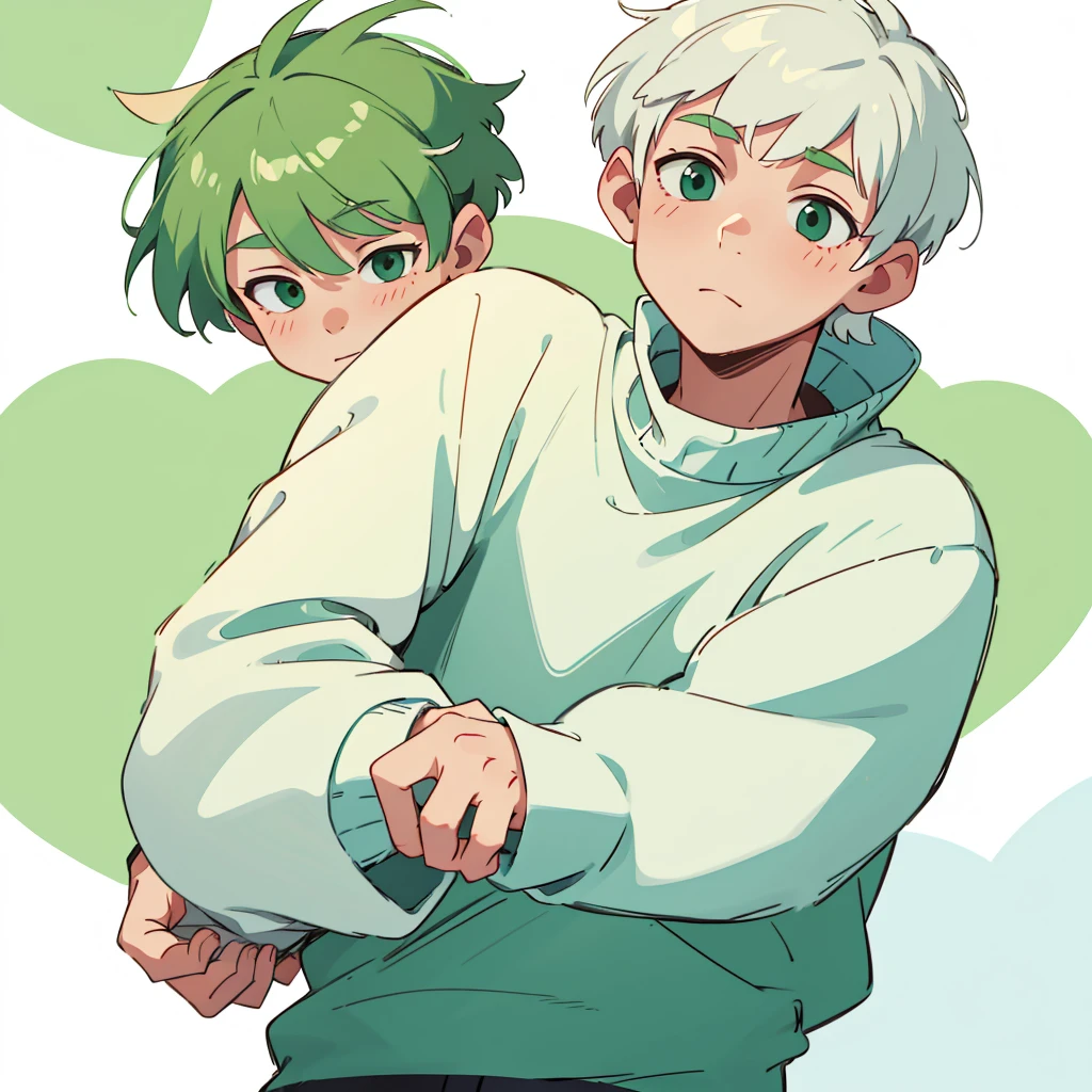Soft boy with twenty years old,white shortcut hair,green sleepy eyes ,soft smile,sweatshirt