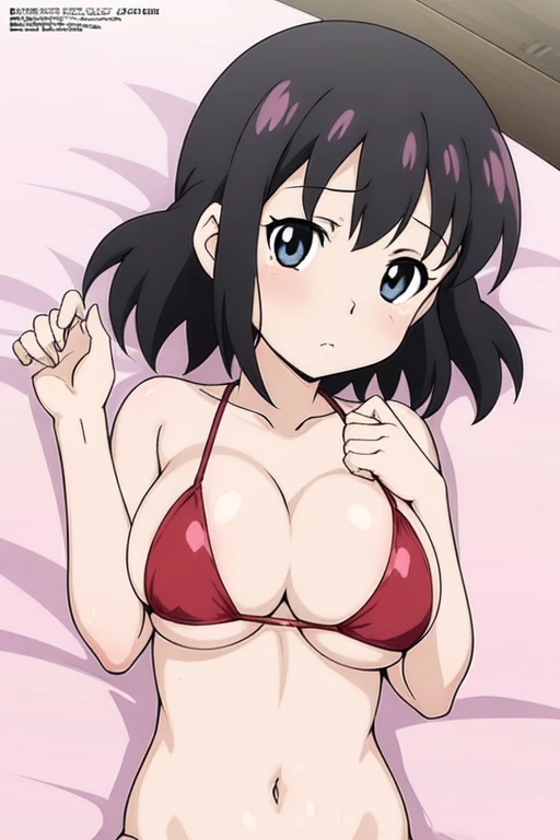 (anime cels style, masterpiece, best quality, high resolution, megami magazine, anime poster style, sharp, 8k), (beautiful eyes:1.2), shizuka minamoto, 1girl, black hair, black eyes, closed mouth, blush, (large breast), (on back, sleepy), upper body, red bikini, bed, (breast squeeze), (perfect detailed anatomy, beautiful face, perfect body, perfect arms, shiny skin),