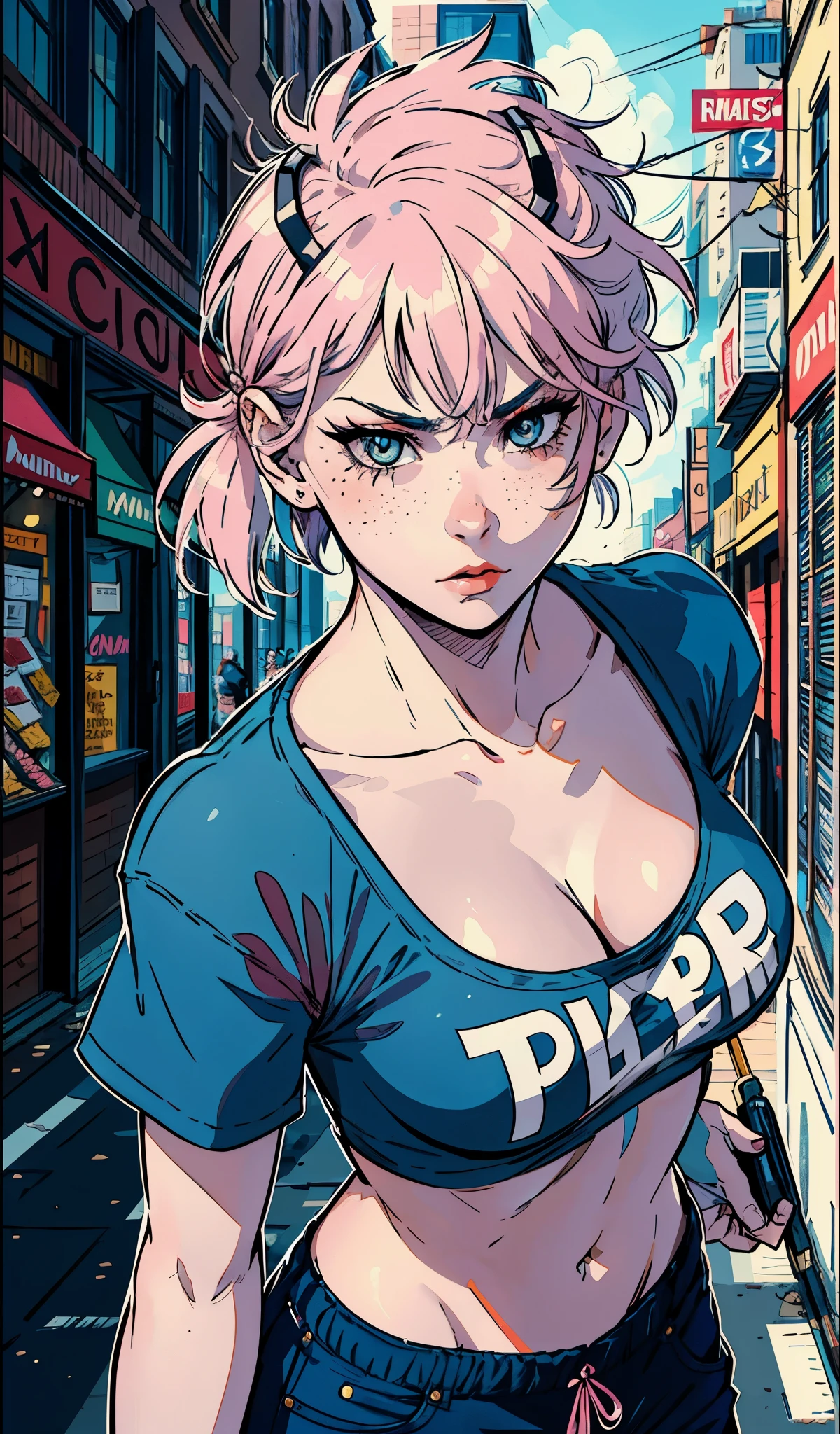 Close up of an supermodel woman face, at a busy cluttered city street background, daytime, pale blue eyes, detailed short pink hair with pigtails and shaved sides haircut, freckles, blushing, pouting expression, single eyebrow raised, eye shadow, black lipstick, pierced eyebrow, huge , wearing a loose baggy tshirt crop top, looking to the side, comic book style, flat shaded, prominent comic book outline linework