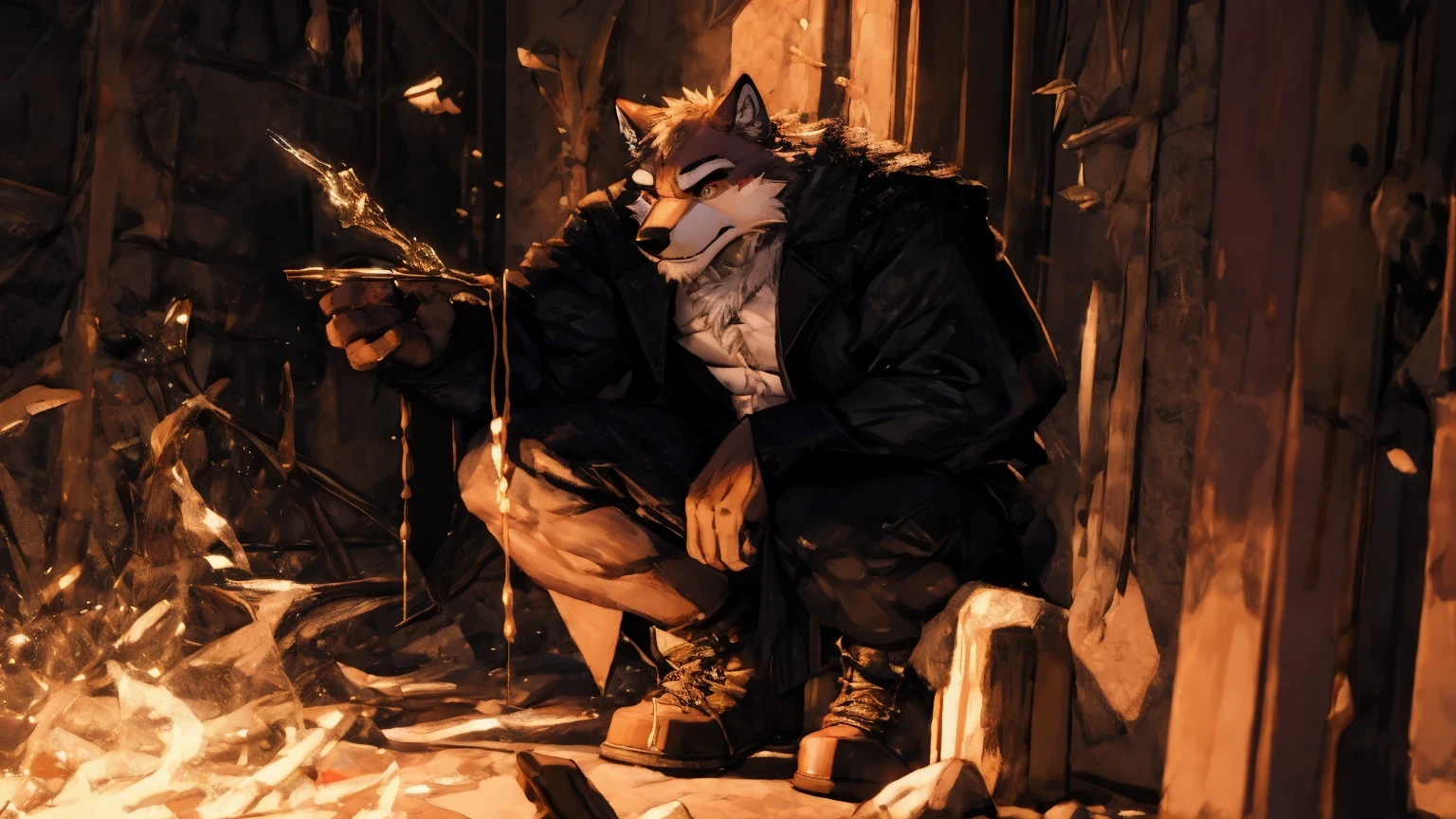 Strong white wolf,Different world, Demon King,Black trench coat,Positive body photo(8k,best quality, masterpiece:,(best quality), (Ultra-high resolution), [ Fluffy fur ] [ Fluffy fur ]wearing clothes, male, Solitary, anthropology soft light,