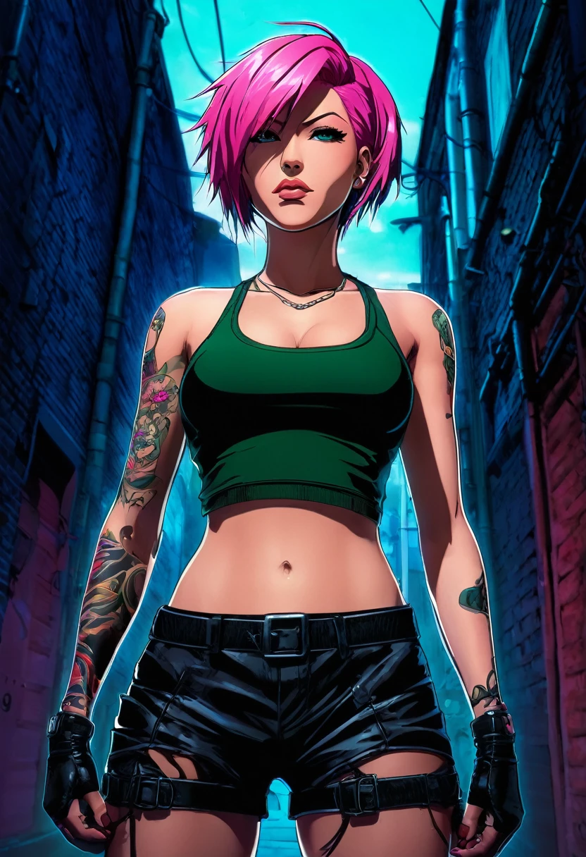 A striking anime-style poster featuring a strong, confident woman with pink hair and a black cap. She stands boldly in a dimly-lit alleyway, exuding power and determination. Clad in a green crop top, black leather shorts, and gloves, her toned muscles are visible. A tattoo adorns her hip, adding to her edgy appearance. The dark alleyway is bathed in a moody blue light, enhancing the dramatic atmosphere and showcasing the  character's determination., poster, anime