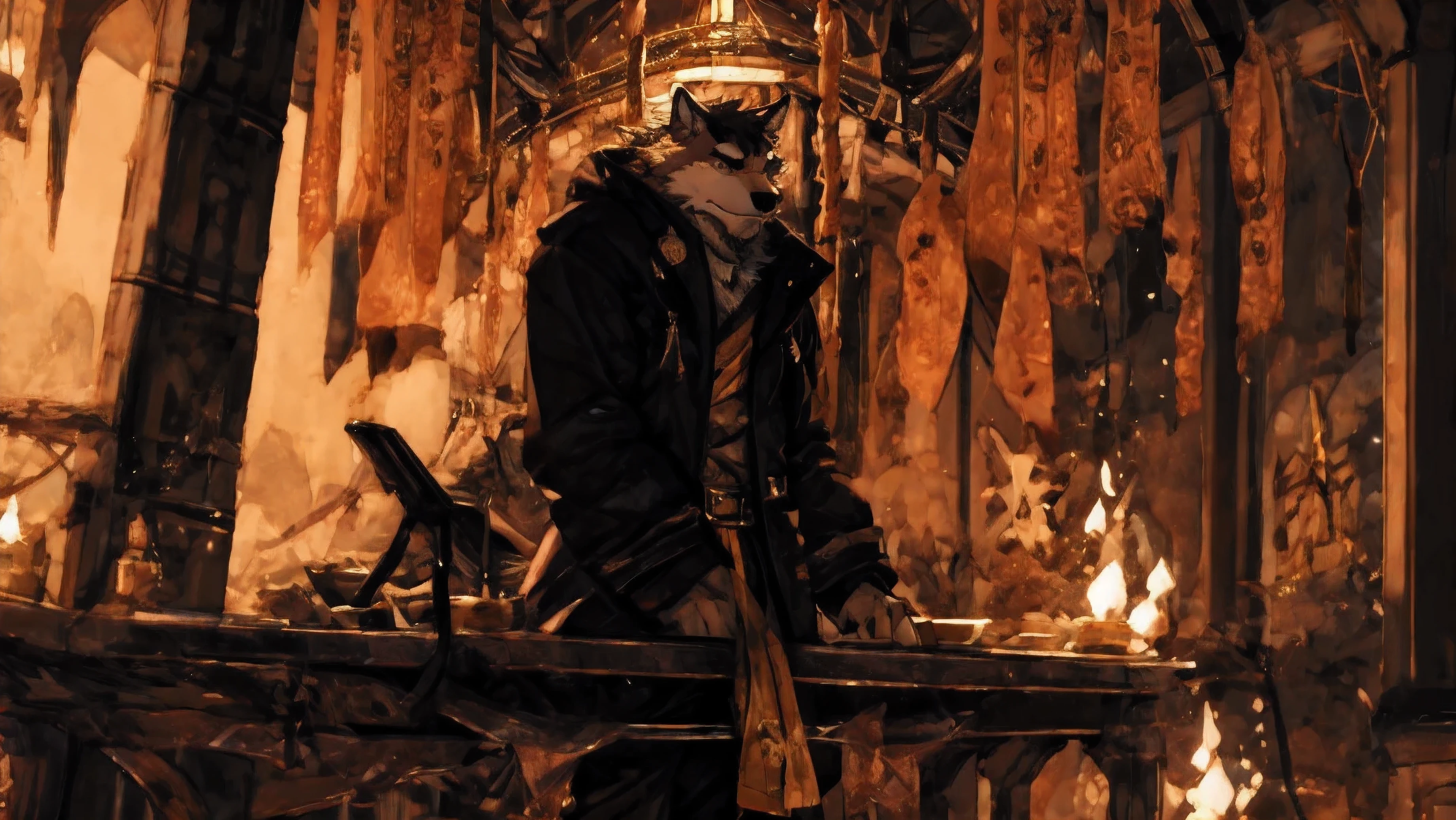 Strong white wolf,Different world, Demon King,Black trench coat,Positive body photo(8k,best quality, masterpiece:,(best quality), (Ultra-high resolution), [ Fluffy fur ] [ Fluffy fur ]wearing clothes, male, Solitary, anthropology soft light,