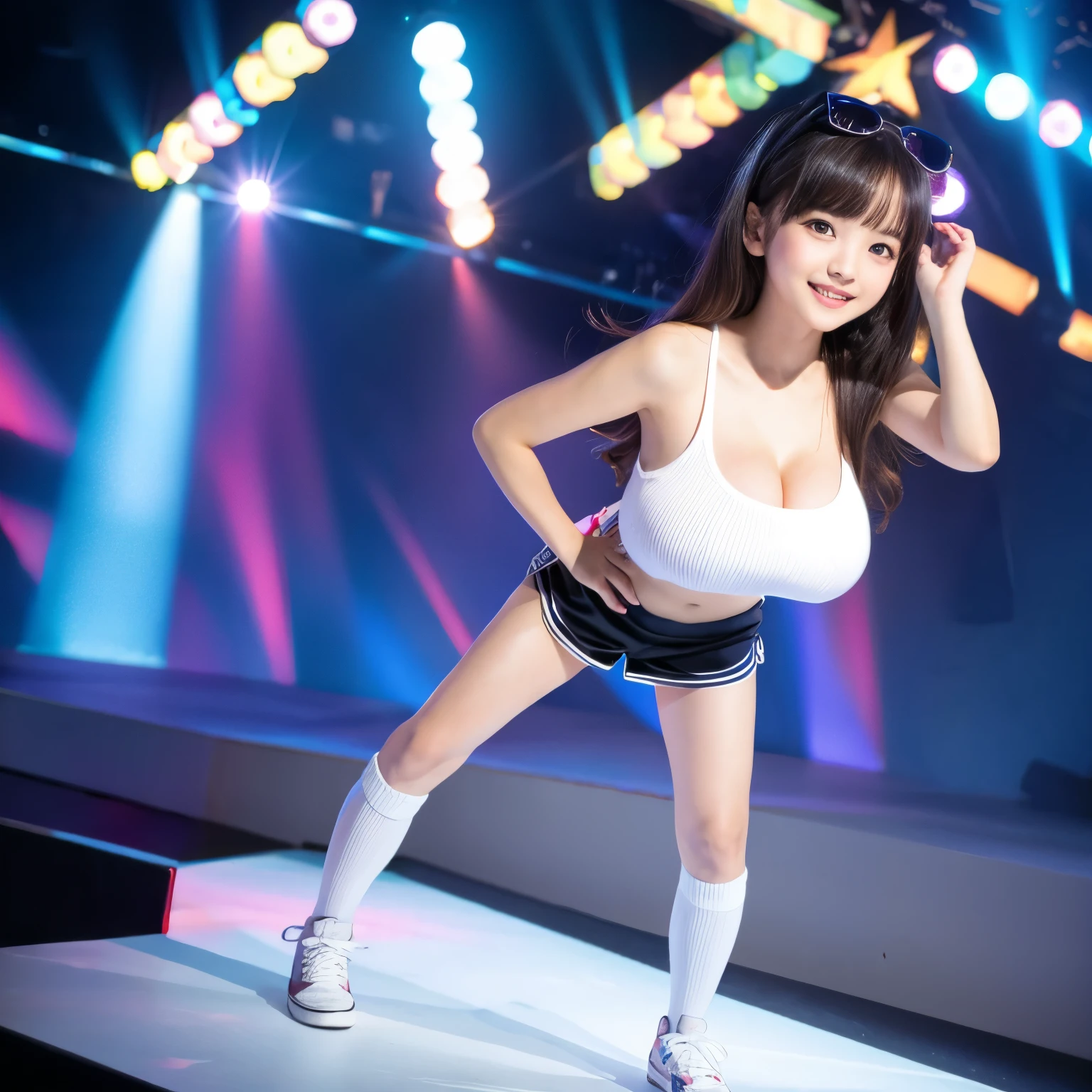 Realistic, 1girl, adorable, 6 years old, cute face, adorable face, detailed eyes, detailed face, happy, ((top less)). knee high white socks, mini shorts, sneakers, ((large breasts)). ((Big breasts)). Dynamic pose, Cute pose, perfect pose, dancing, standing, perfect hands, perfect face, full body portrait, stage, best Quality, 4k, UHD 