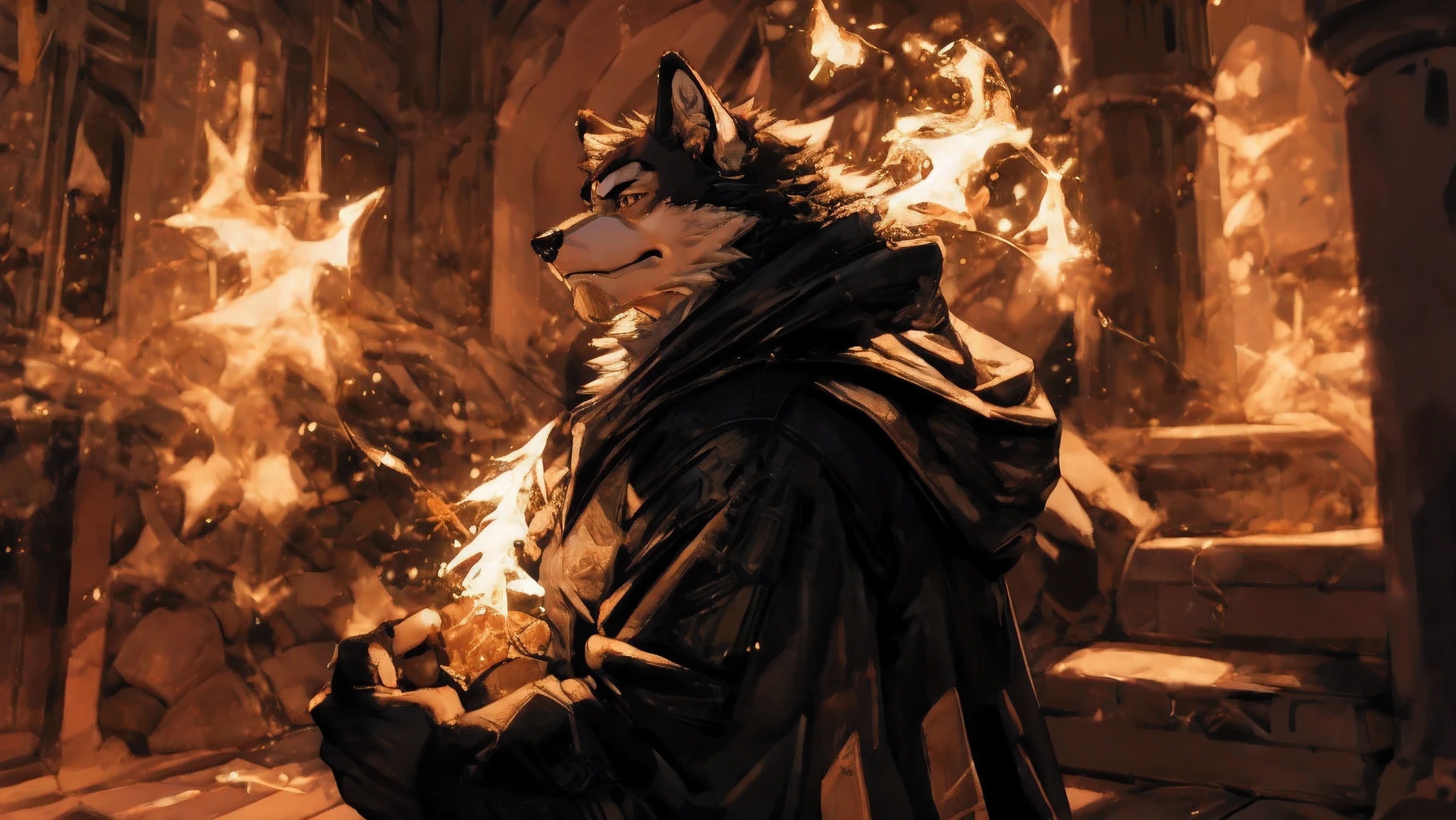 Strong white wolf,Different world, Demon King,Black trench coat,Positive body photo(8k,best quality, masterpiece:,(best quality), (Ultra-high resolution), [ Fluffy fur ] [ Fluffy fur ]wearing clothes, male, Solitary, anthropology soft light,