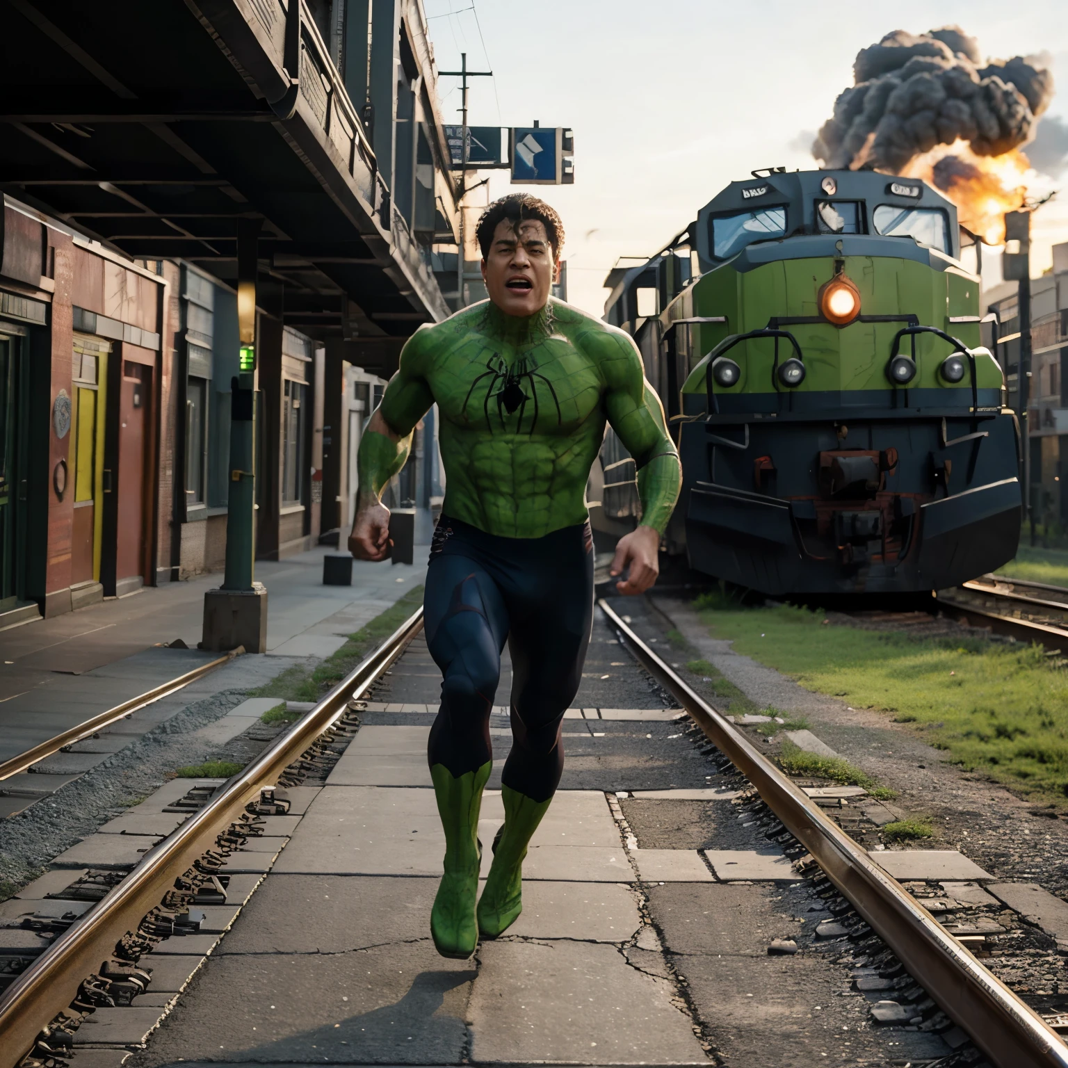 Spider man running in front of train track and hulk is looking him with anger