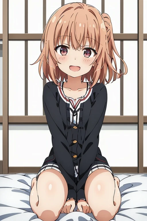 ((highest quality)), ((masterpiece)), (be familiar with), Perfect Face, indoor, Bedroom, Watching the audience,
One woman, Yuigahama Yui,
Open Mouth, Ecstatic expression, blush, smile,
Small breasts, Flat Chest, Young Girl, , , Girl,
Short Hair, Salmon-colored hair, Salmon-colored eyes, Side Pony,
Leg spread,