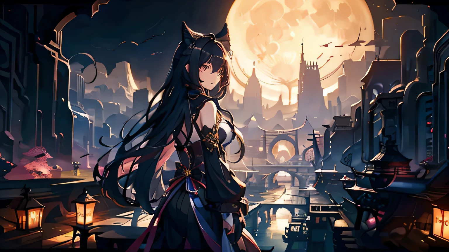 Different world、night、Ruined City、moon、Long Hair Girl、one person、highest quality、masterpiece