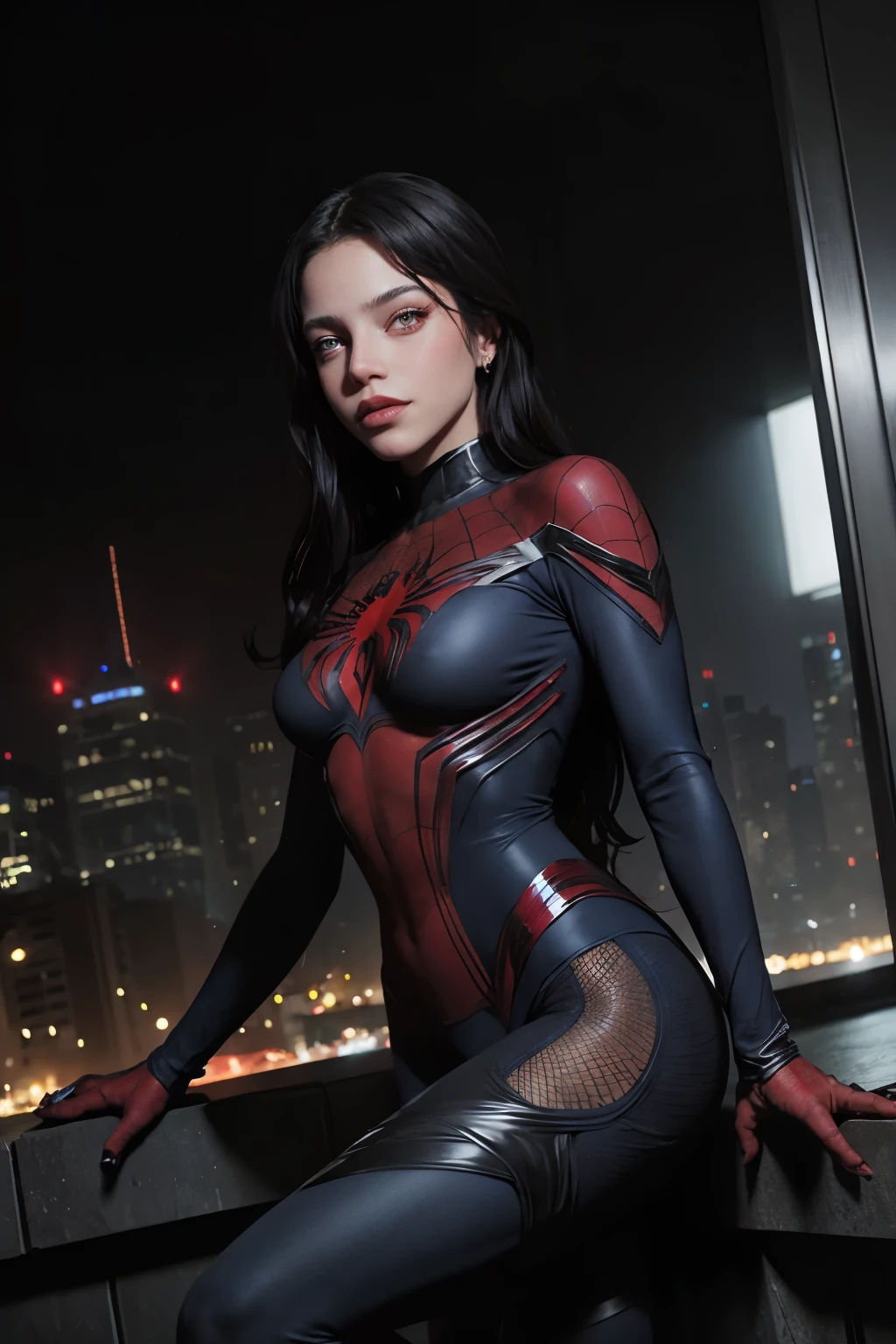 traje azul y rojo de spider man. emilia mernes en metropolis, de noche. en un super edificio alto, con traje de super heroe, spider woman
