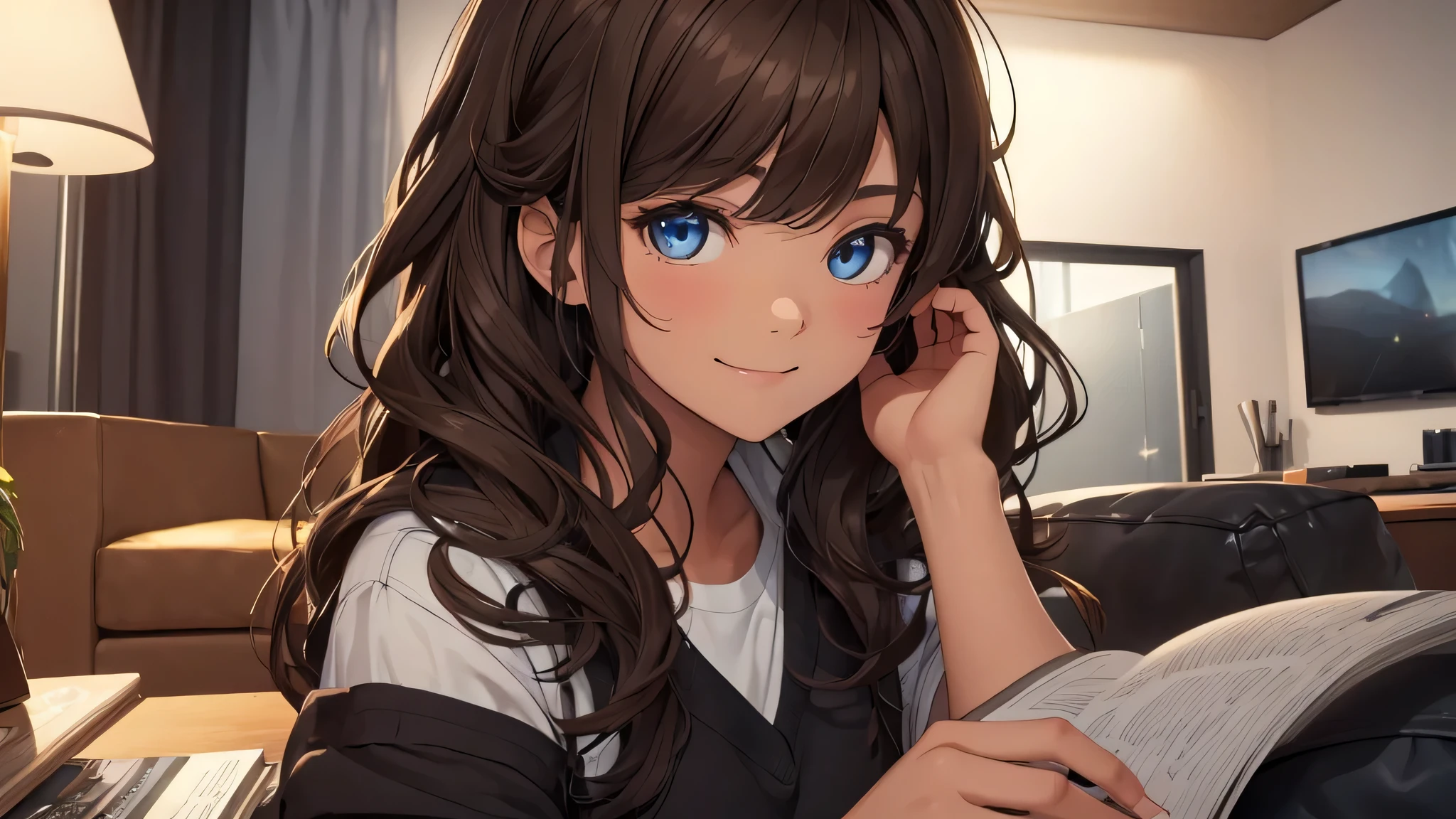 (((Masterpiece, highest quality, high definition, high detail)))), (((modern))), ((living room at night)), ((studying at coffee table)), (((one girl))), detailed eyes, beautiful face, tomboy, student clothes, girl with dark skin, ((short black hair)), blue eyes, blunt bangs, wearing student clothes, student skirt, blushed face, large breasts, (dark skin*0.8), (long brown + wavy hair*1.2), looking at viewer, kind look, smiling sweetly