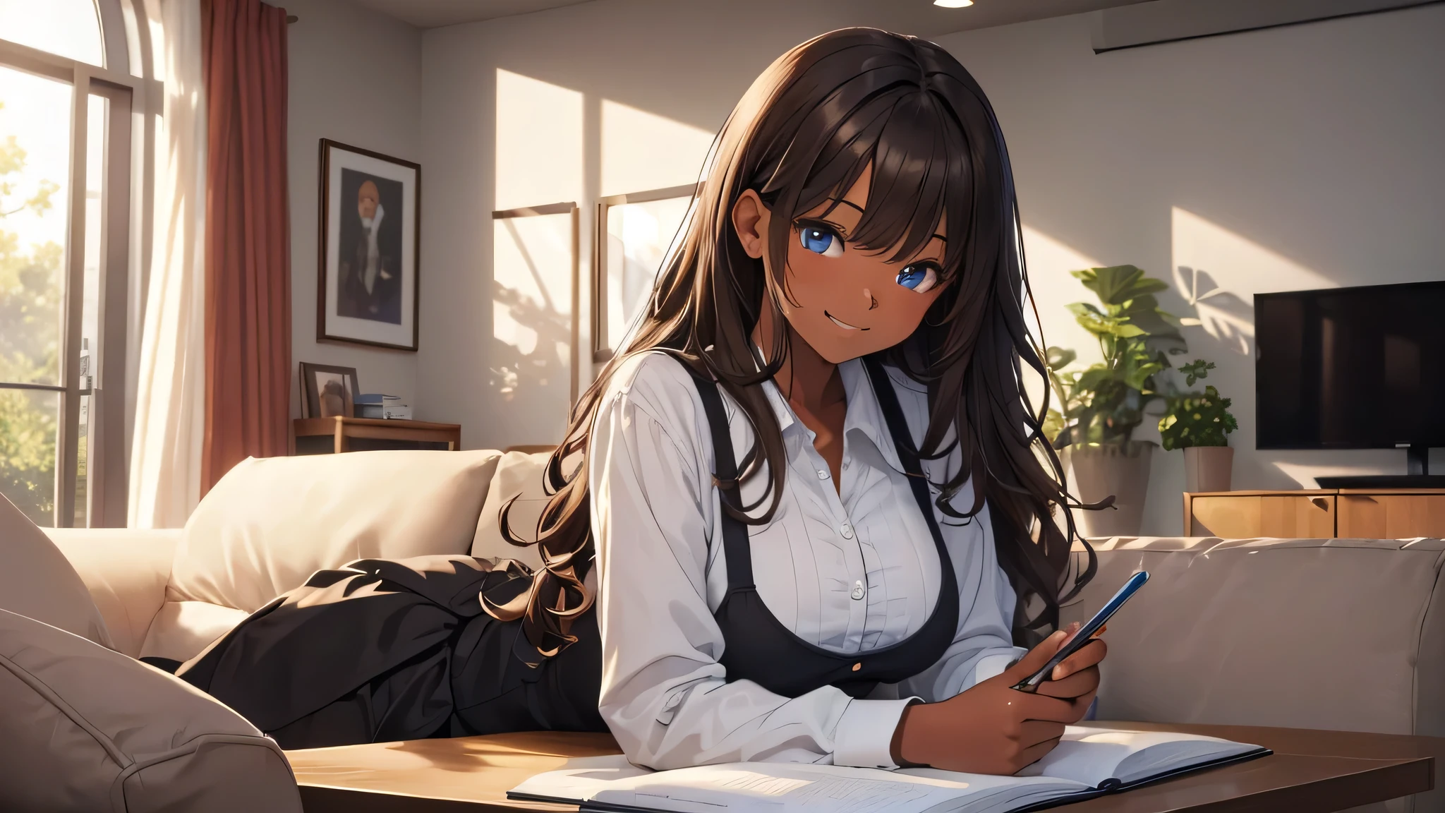 (((Masterpiece, highest quality, high definition, high detail)))), (((modern))), ((living room at night)), ((studying at coffee table)), (((one girl))), detailed eyes, beautiful face, tomboy, student clothes, girl with dark skin, ((short black hair)), blue eyes, blunt bangs, wearing student clothes, student skirt, blushed face, large breasts, (dark skin*0.8), (long brown + wavy hair*1.2), looking at viewer, kind look, smiling sweetly
