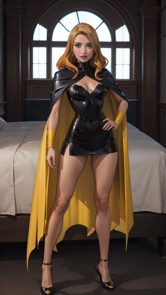 Annabelle Wallis, realistic, super model, super body,full body, s, orange hair, blue eyes, black transparent fishent , yellow leather cloak, yellow highheel shoes , standing full body , Annabelle Wallis, pov