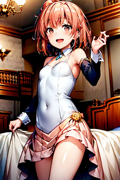 ((highest quality)), ((masterpiece)), (be familiar with), Perfect Face, indoor, Bedroom, Watching the audience,
One woman, Yuigahama Yui,
Open Mouth, Ecstatic expression, blush, smile,
Small breasts, Flat Chest, Young Girl, , , Girl,
Short Hair, Salmon-colored hair, Salmon-colored eyes, Side Pony,
Leg spread,