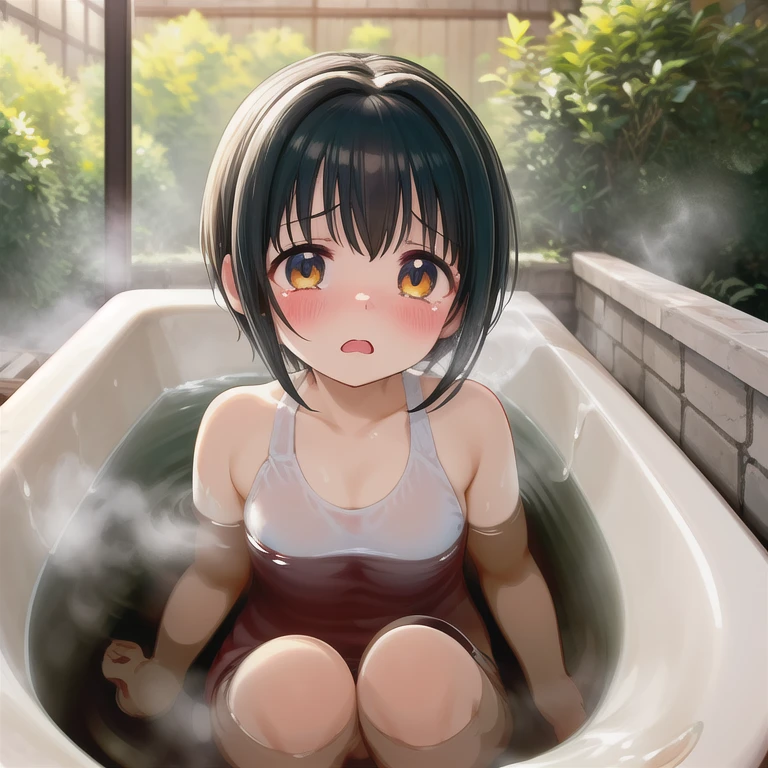 masterpiece,highest quality,Very detailed,One girl,alone,Scared,Panic,The pupils constrict,shout,Raise your eyebrows,Are crying,Eyes Wide Open, White swimsuit, One piece swimsuit, Idol Master, Miho Kohinata, Black Hair, Short Hair, Watery eye, Punishment, Crying face, scream, I am in agony, Desperately struggling, whole body, shame, boiling water，steam, whole bodyが水槽の中, Bright red skin, Withstands the heat, Being boiled, Boiled in a pot,Ironing, Transparent bathtub