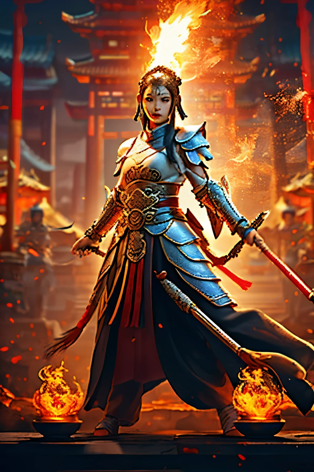 (8K) (Artstation is very detailed), there are three people in the picture, all wearing lava masks and armor, ancient Chinese armor, epic battle scenes, the dark part of the armor has the pattern of Chinese Loong, gold armor, and the dark part of the character has rich details. The background is a Chinese style fantasy scene, with full screen and ultra detailed studio lighting, ultra fine painting, clear focus, physics based rendering, extremely detailed description, professional, bright colors, scattered scenes, landscape, fiery red and dark black,
