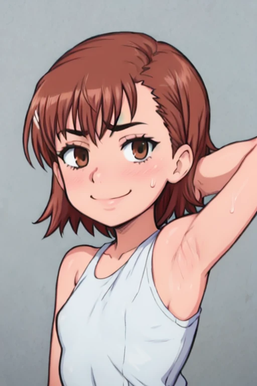 masterpiece, best quality, looking at viewer, upper body, portrait, looking at viewer, seductive smile, put your hands behind your head, armpits, armpits visible, sweaty armpits, mikoto misaka, very small breasts, short hair, brown hair, wearing white tanktop with no bra,