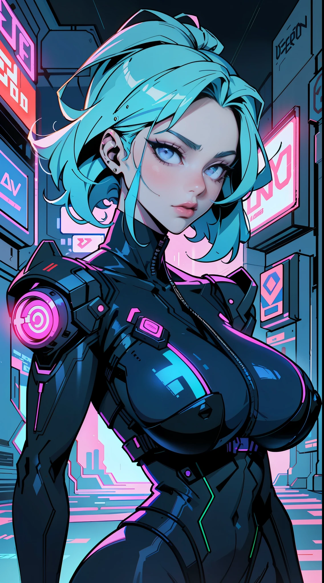 a digital painting of a woman with blue hair, cyberpunk art by Josan Gonzalez, behance contest winner, afrofuturism, synthwave, neon, glowing neon, huge breast