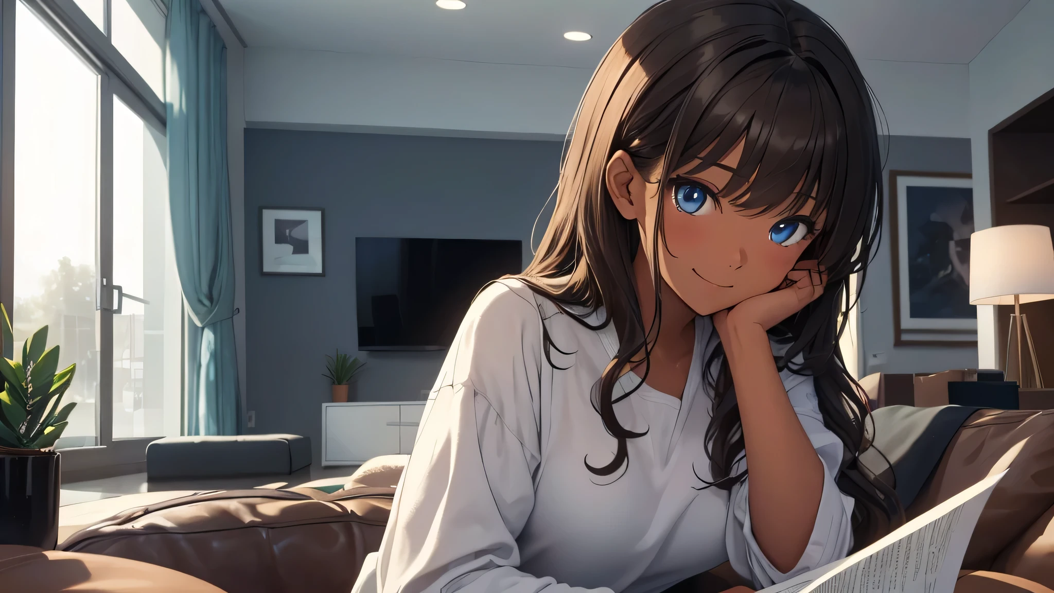 (((Masterpiece, highest quality, high definition, high detail)))), (((modern))), ((living room at night)), ((studying at coffee table)), (((one girl))), detailed eyes, beautiful face, tomboy, student clothes, girl with dark skin, ((short black hair)), blue eyes, blunt bangs, wearing student clothes, student skirt, blushed face, large breasts, (tan skin*0.8), (long brown + wavy hair*1.2), looking at viewer, kind look, smiling sweetly