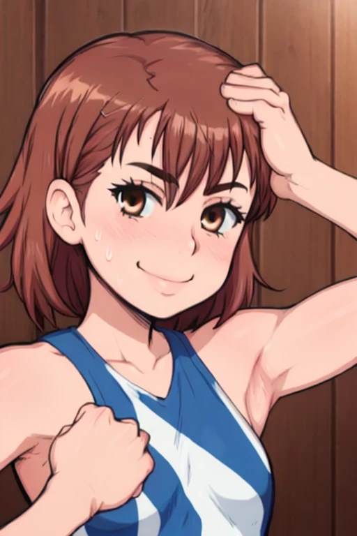 masterpiece, best quality, looking at viewer, upper body, portrait, looking at viewer, seductive smile, put your hands behind your head, armpits, armpits visible, sweaty armpits, mikoto misaka, very small breasts, short hair, brown hair, no bra,