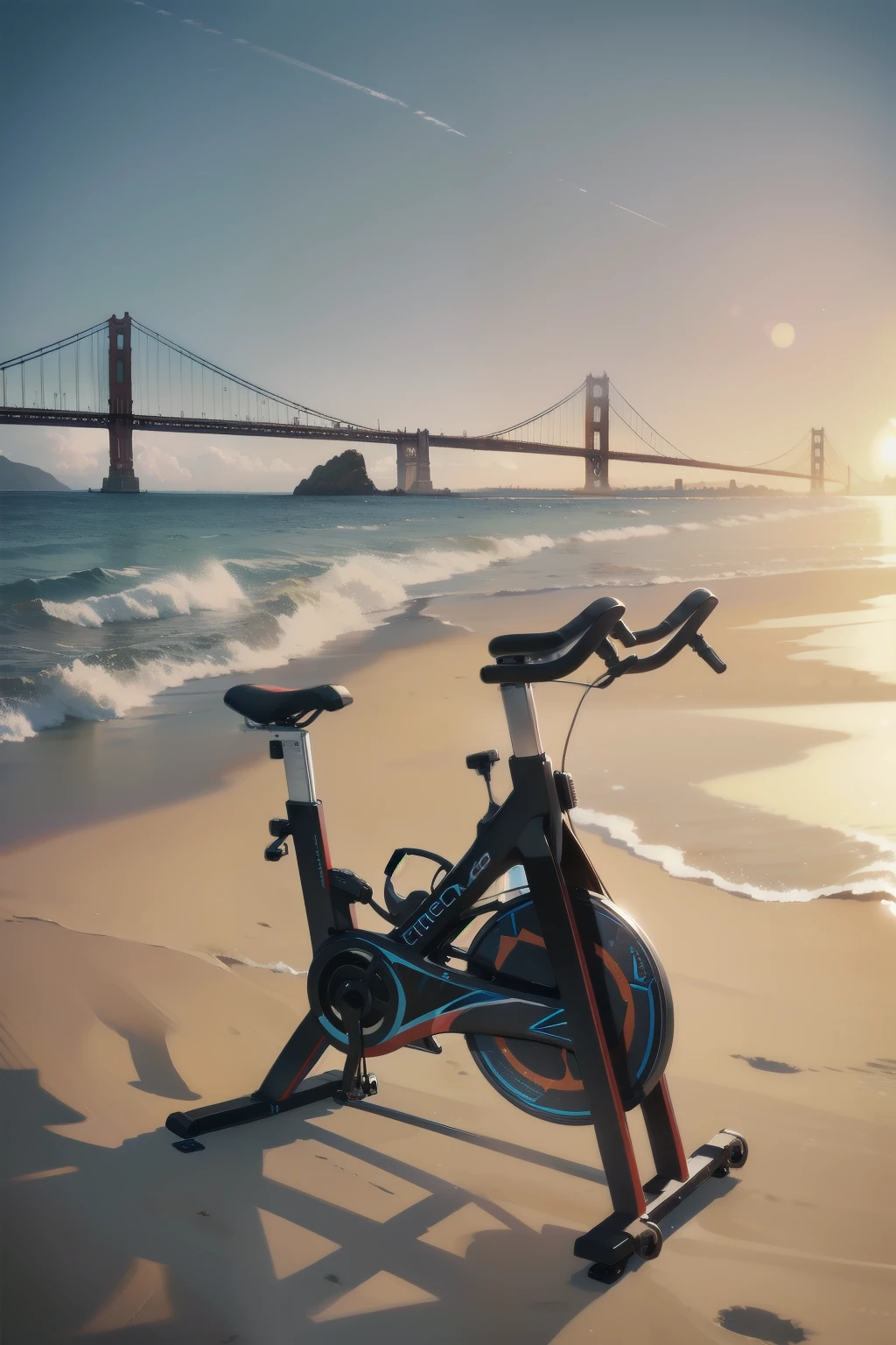 Top-quality, high-resolution image:
A spinning bike, sans rider, stands alone on a wide, pristine beach. The sun-kissed sand stretches out before it, uninterrupted, leading the eye to the horizons where the vast, azure sea meets the cloudless sky. Behind the scene, the iconic silhouette of the Golden Gate Bridge triumphantly arises, its majestic structure reaching new heights against the clear, blue backdrop. The spin bike, with its sleek design, gleams in the sunlight, the absence of a rider emphasizing the stillness and tranquility of the scene.
The spinning bike, with its robust frame