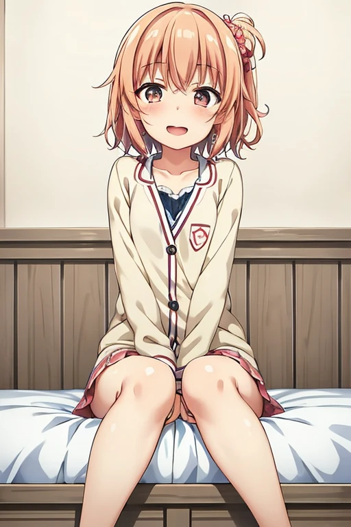 ((highest quality)), ((masterpiece)), (be familiar with), Perfect Face, indoor, Bedroom, Watching the audience,
One woman, Yuigahama Yui,
Open Mouth, Ecstatic expression, blush, smile,
Small breasts, Flat Chest, Young Girl, , , Girl,
Short Hair, Salmon-colored hair, Salmon-colored eyes, Side Pony,
Leg spread,