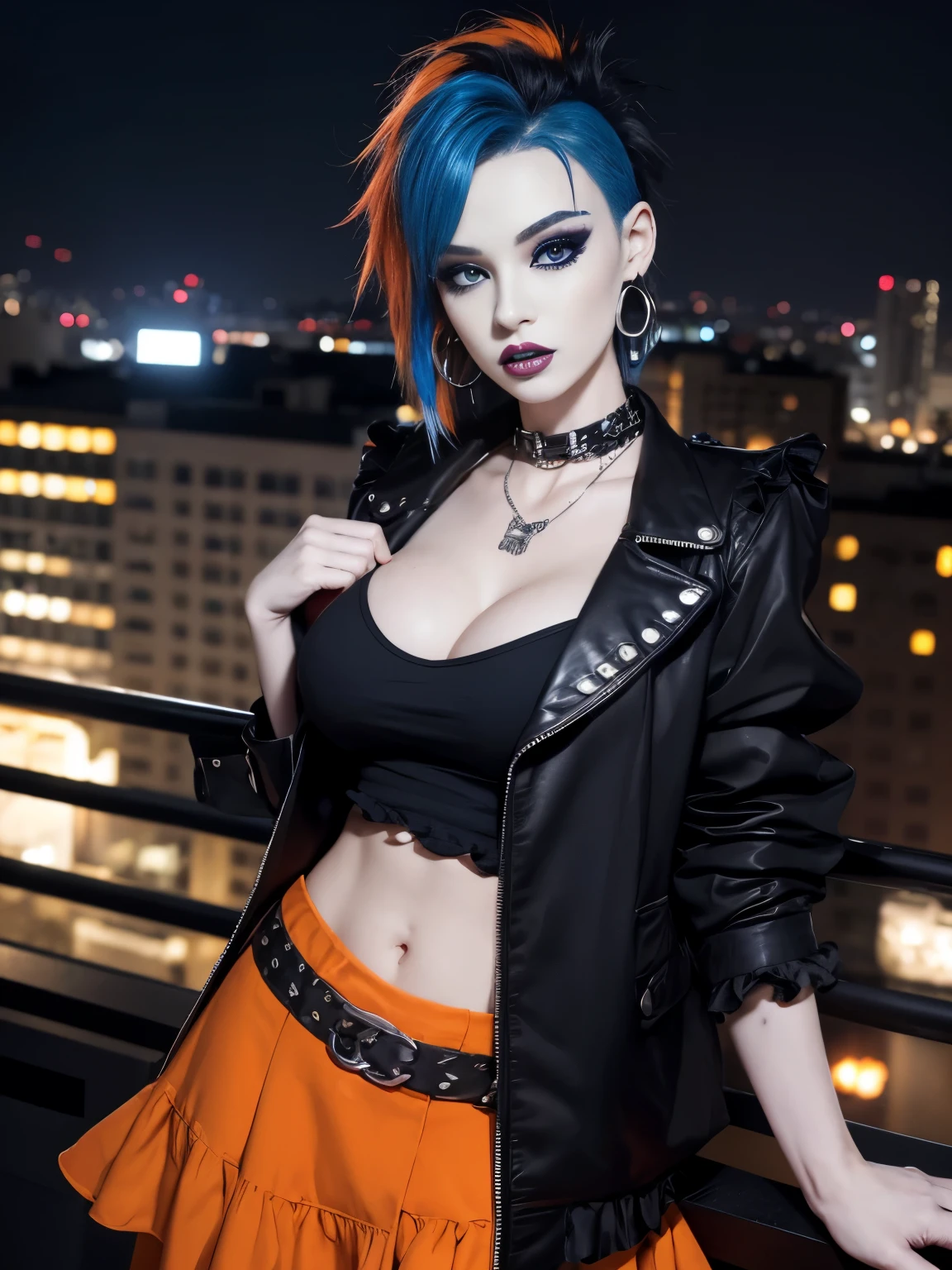 goth, excited, pale skin, smoky eyes, vivid colors, punk rock hairstyle, orange and blue hair, black lips, hotel balcony at night, leaning over balcony, leaning, body view, huge breasts, tshirt, jacket, pocket chain, earrings, ruffles, ruffle trim, bimbo
