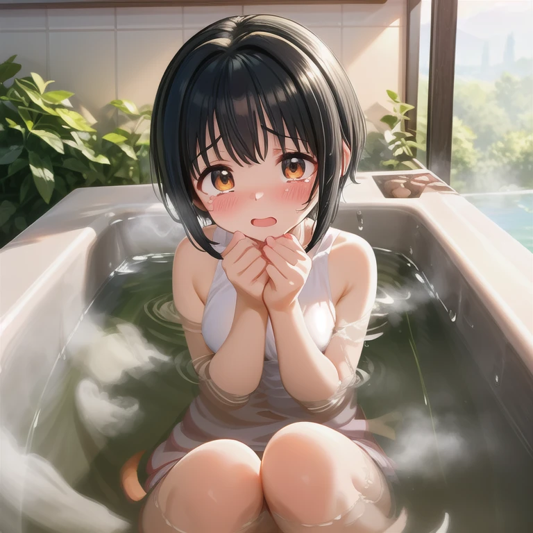 masterpiece,highest quality,Very detailed,One girl,alone,Scared,Panic,The pupils constrict,shout,Raise your eyebrows,Are crying,Eyes Wide Open, White swimsuit, One piece swimsuit, Idol Master, Miho Kohinata, Black Hair, Short Hair, Watery eye, Punishment, Crying face, scream, I am in agony, Desperately struggling, whole body, shame, boiling water，steam, whole bodyが水槽の中, Bright red skin, Withstands the heat, Being boiled, Boiled in a pot,Ironing, Transparent bathtub