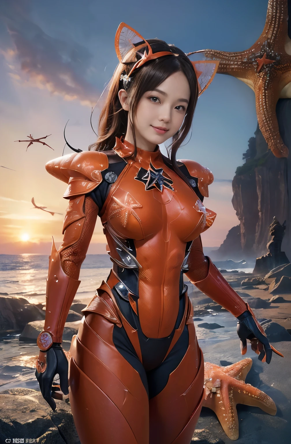 (high resolution,masterpiece,best quality,extremely detailed CG, anime, official art:1.4), realistic, photo, amazing fine details, all intricate, gloss and shiny,awesome many layers, 8k wall paper, 3d, sketch, kawaii, illustration,( solo:1.4), perfect female proportion,villainess, (fusion of starfish and lady:1.4), (starfish form lady:1.2), (queen starfish lady:1.2), (fusion:1.2), (solo:1.4), (evil smile:1.2), muscular, abs, (starfish exoskeleton bio insect suit:1.4), (starfish exoskeleton bio insect armor:1.2), (starfish antennae:1.3), big breasts