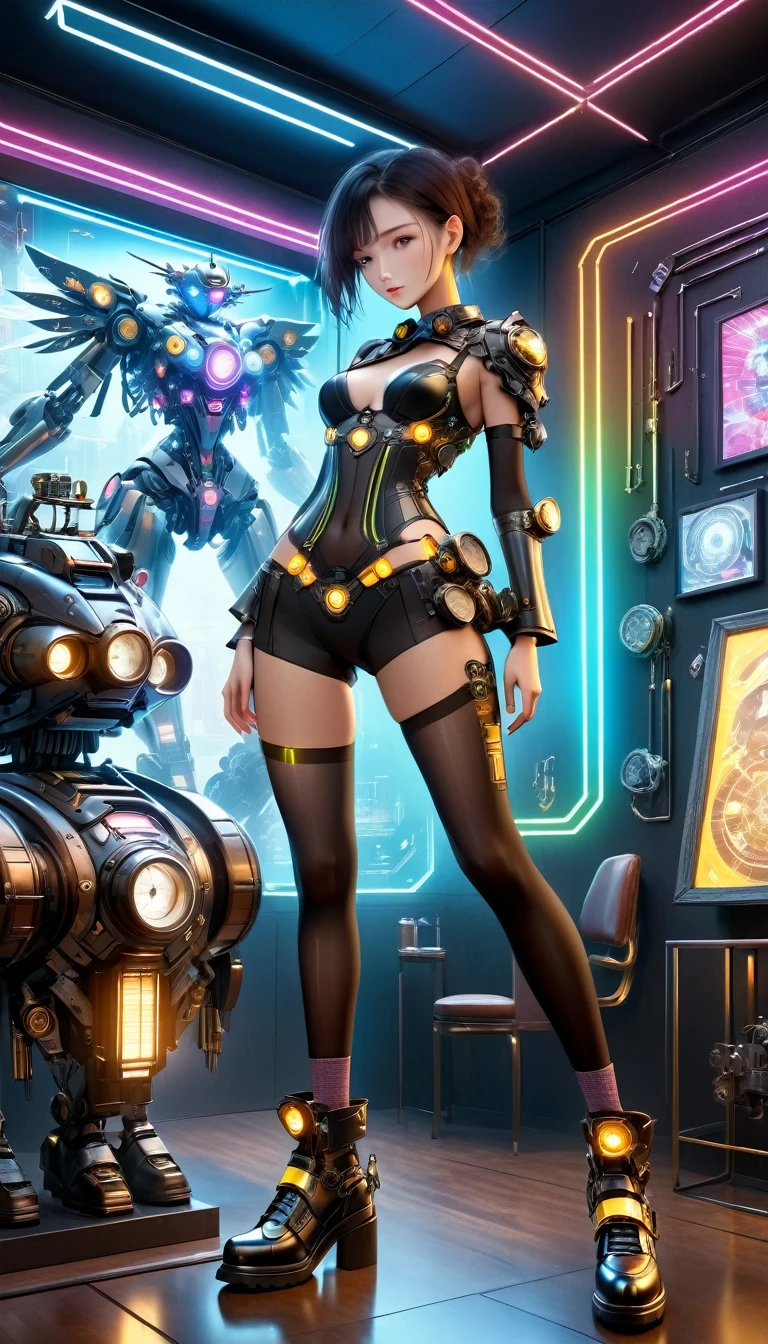 Beautiful female mecha, Translucent mech, Iridescent neon color wiring diagram and LEDs all over face and body, Photo frames and backgrounds mixed and fused with steampunk, Cyberpunk and Clockpunk, Background Analysis Room, (Full body shot), (Mechanical shoes:1.2), (Black laser stockings), Super Fine, Unbelievably ridiculous, Extremely detailed, Delicate and dynamic, Surrealism, rococo style, Cubist Futurism, Futurism, first-person view, pov, (anatomically correct), best quality, 8k, UHD, masterpiece, ccurate, textured skin, super detail, award winning, best quality