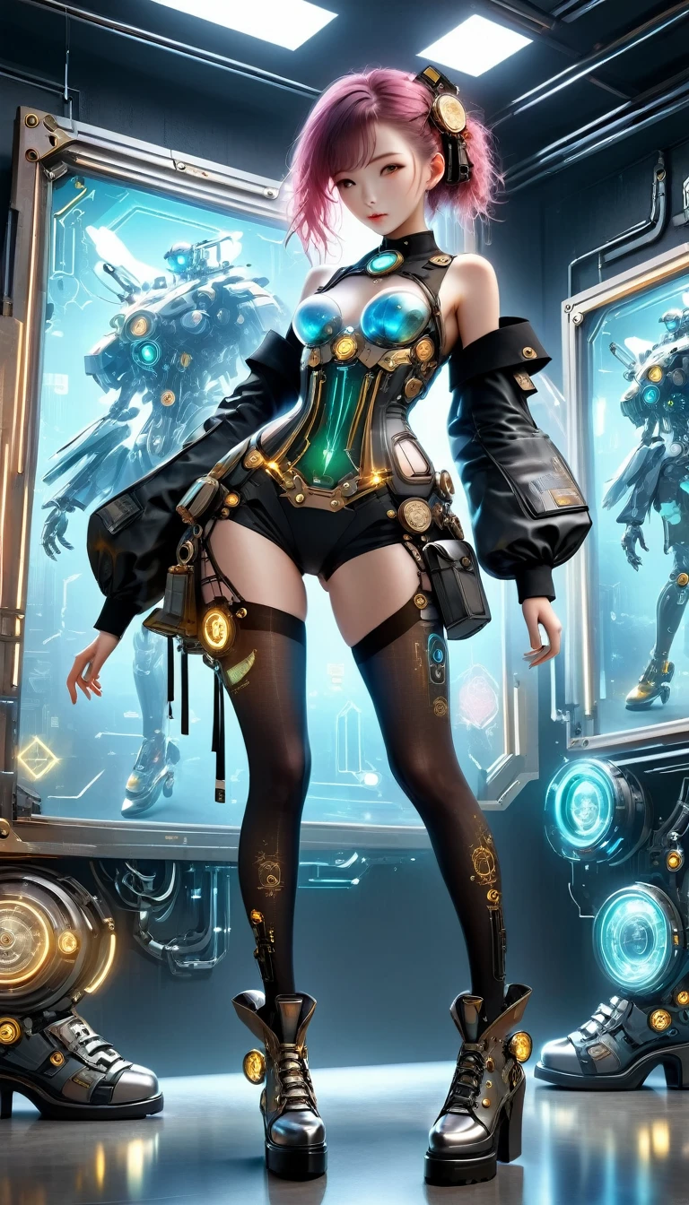 Beautiful female mecha, Translucent mech, Iridescent neon color wiring diagram and LEDs all over face and body, Photo frames and backgrounds mixed and fused with steampunk, Cyberpunk and Clockpunk, Background Analysis Room, (Full body shot), (Mechanical shoes:1.2), (Black laser stockings), Super Fine, Unbelievably ridiculous, Extremely detailed, Delicate and dynamic, Surrealism, rococo style, Cubist Futurism, Futurism, first-person view, pov, (anatomically correct), best quality, 8k, UHD, masterpiece, ccurate, textured skin, super detail, award winning, best quality