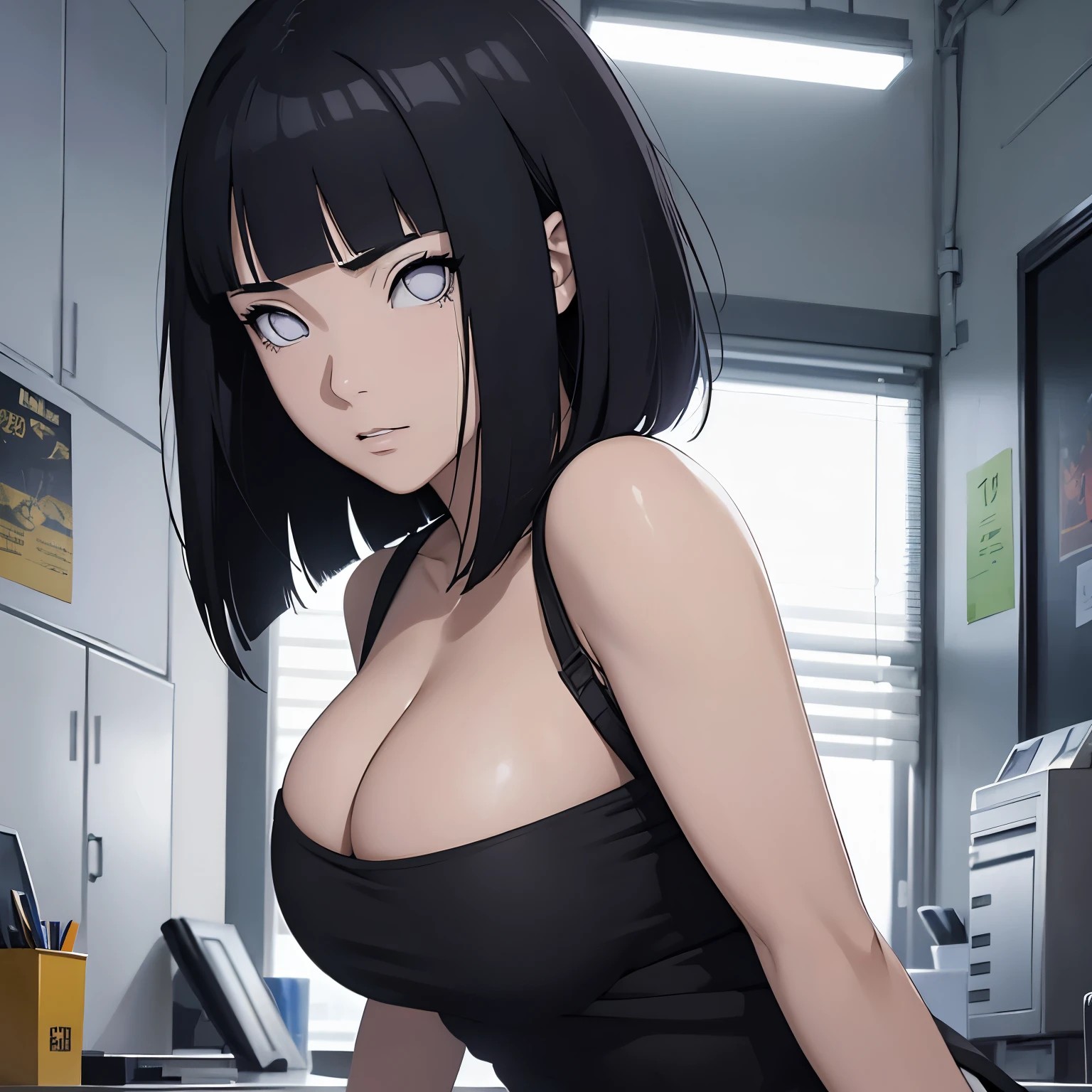 (masterpiece), anime, Best quality, good anatomy, one girl, Hinata Hyuga, back, buttocks emphasis, white eyes, Big breasts, realistic face, gloomy face, dark hair, short haircut ,bare shoulders, tight black top, black pencil skirt, office, Reflectors, 8K masterpiece, super detail, film movie, best quality, best ditails, detailed face, detailed eyes, from behind 