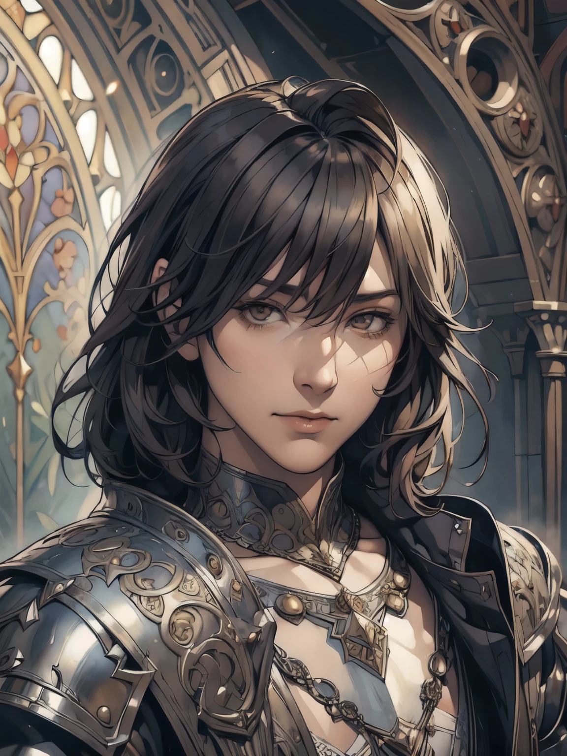 ((Detailed face)),((Mucha's style)),(portrait),((1 male)),BLACK hair,((Arcane Knight)), (cowboy shot:1.2)