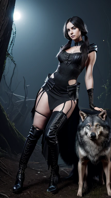 High-resolution ultra detailed photography, A European woman with long legs and a curvy feminine body shape, hairstyle should consist of braided pigtails, European woman with bright eyes, face and body depicted realistically and in ultra detail, model pose full body and with wolf, clothing ultra detailed gothic dress with slit on the sides and steampunk elements and high heel boots, photo background of night forest with bioluminescent plants in a dark mood, Model with a big wolf