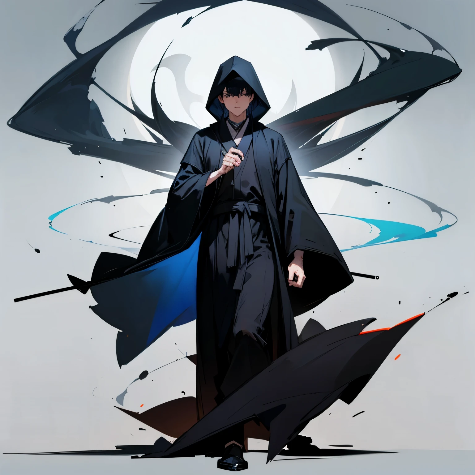 Black Robe、Shady man in a robe、Black Hair、Looking down、The hood is pulled down too far、Full body portrait