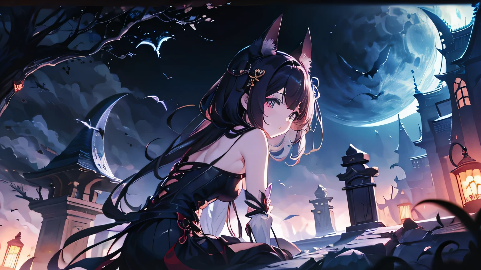 Different world、Grave、night、moon、Bat、Fantasy anime style