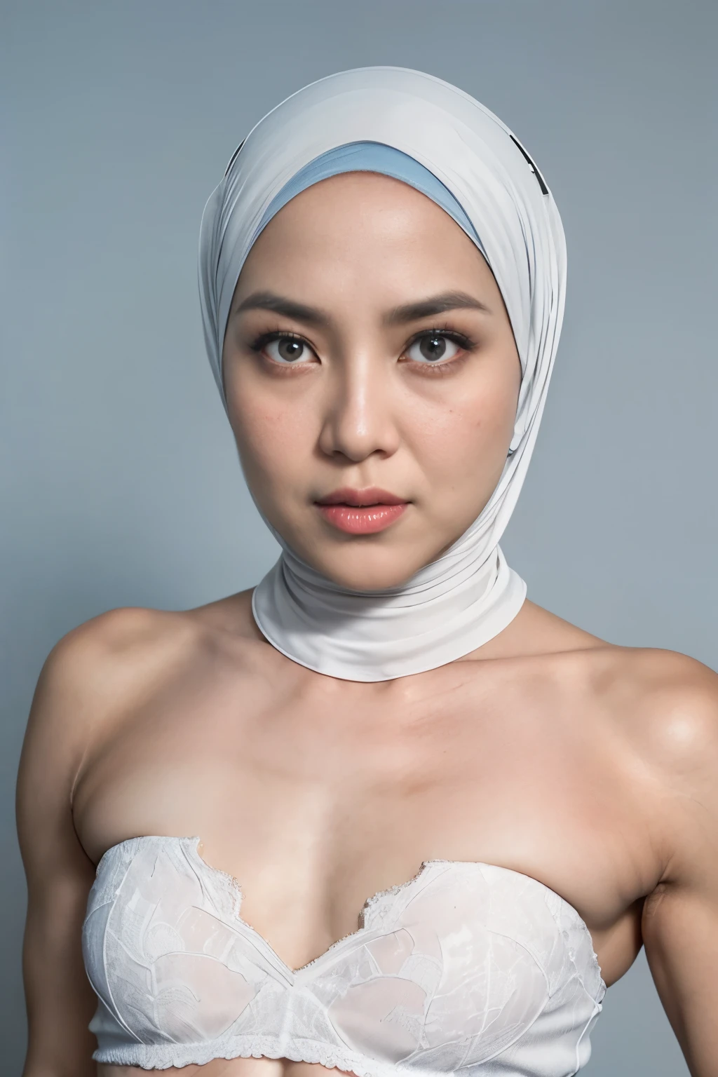 (((old lady:1.4))), ((SHORT HIJAB)), ((Flat chest:1.7)), (dynamic photograph of a 58 year old Indonesian woman), (slim top, cotton panties), (straight non curly hair), (highly detailed face:1.4), (vascular muscles and abs:1.3), (background inside light, bright, private gym:1.1), (8k, uhd, dslr, high quality, cinematic lighting, bokeh), (dramatic, award winning photography, incredible masterpiece:1.3), (((sexy sultry stare at camera:0.8))), close up, ((she is ready to dominate you:0.5)), ((beautiful feminine face)) (she is a champion MMA fighter), add_detail:1, ((Wearing strapless pastel)) lace white & white , from behind view, seductive pose 
