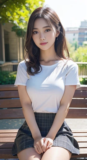 An innocent 20-year-old girl、((Skirt, White T-shirt,Dramatic Pose)),smile,shortcut,Big Tits 1.5、Park Background、RAW Photos, (8k、highest quality、masterpiece:1.2)、(Intricate details:1.4)、(Photorealistic:1.4)、Octane Rendering、Complex 3D rendering with ultra-detail, Studio Soft Light, Rim Light, Vivid details, Super Detail, Realistic skin texture, Detailed aspect, Beautiful details in the eyes, Highly detailed CG Unity 16k wallpaper, compensate, (Detailed Background:1.2), Glowing Skin, whole body、From head to thighs、Cleavage,((Sit on a bench))