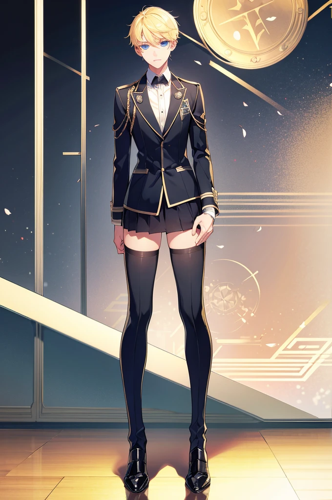 1man, blonde hair, blue eyes, black academy uniform, standing on ground, high res, ultra sharp, 8K, masterpiece