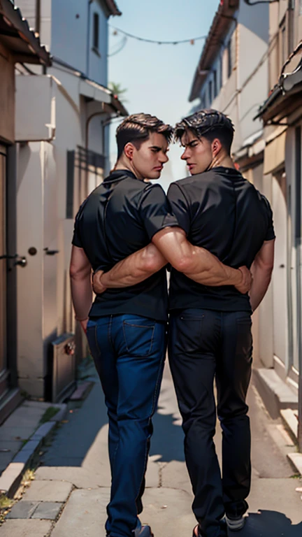 (absurdres, highres, ultra detailed), masterpiece, best quality, two man put his arm around his shoulder, handsome, black hair, brown hair, casual clothes, background is back alley, best light and shadow, from behind, look back